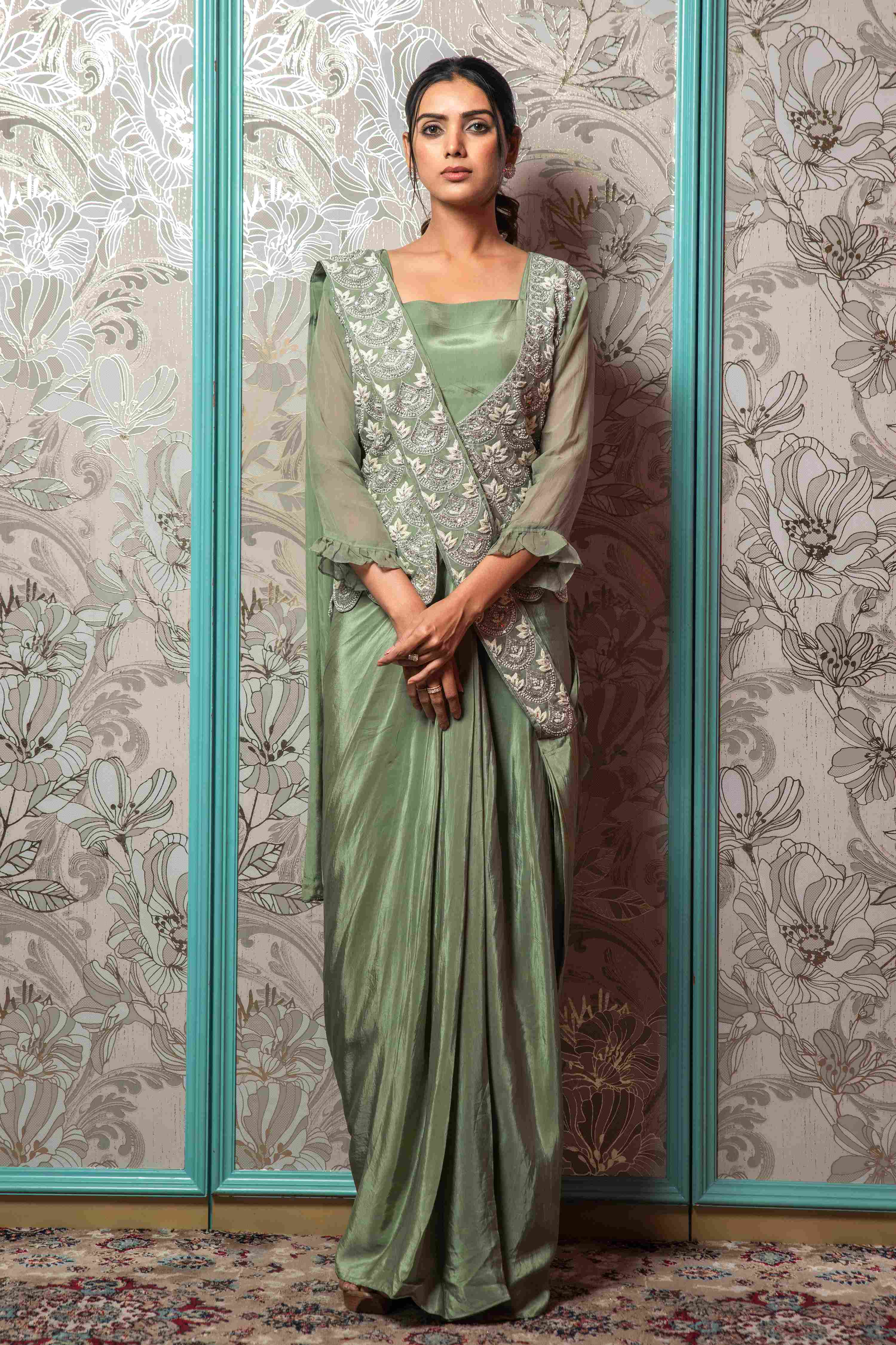 Pista Green Jacket Style Crop Top Set