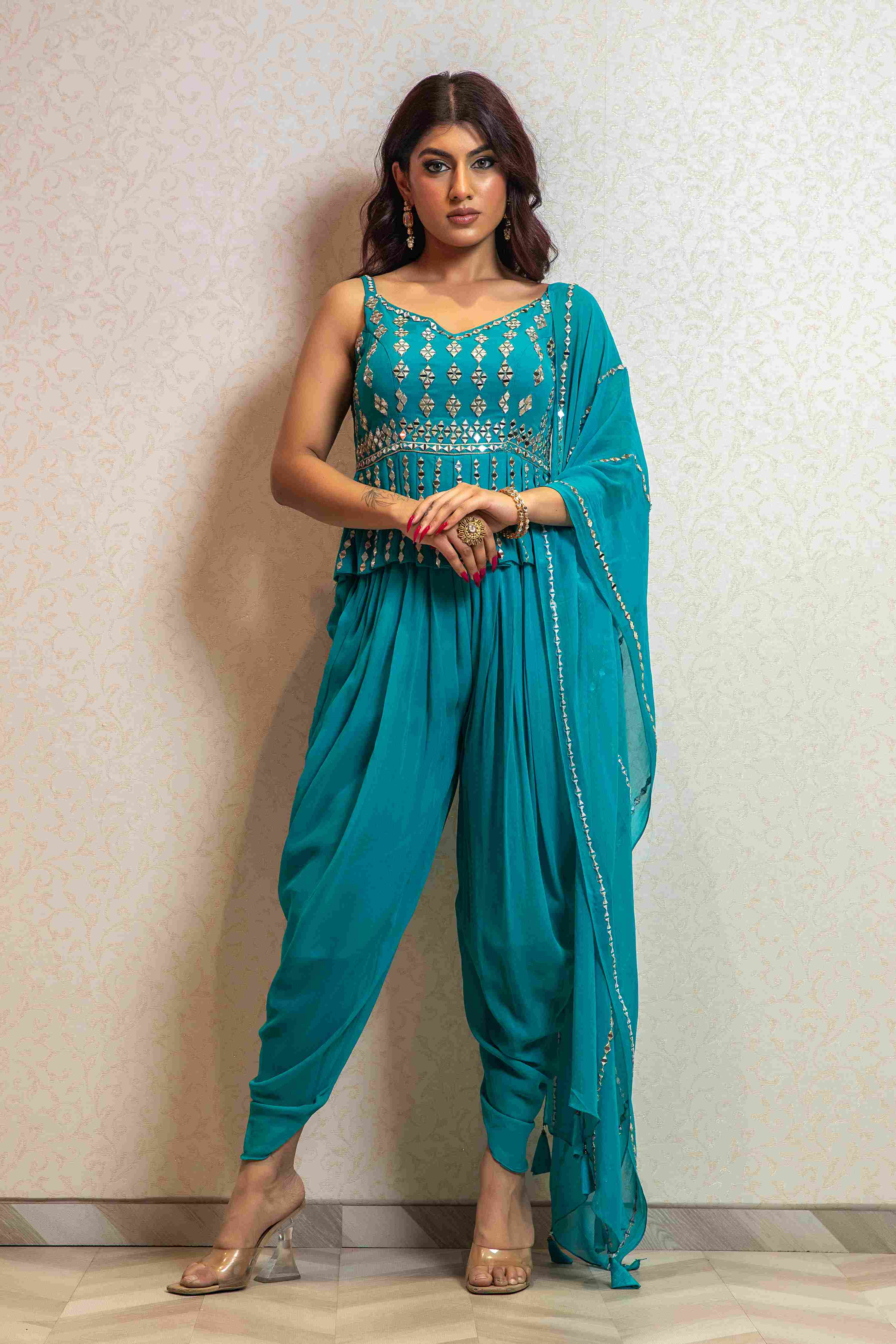 Elegant Peplum and Dhoti with Dupatta in Bright Blue