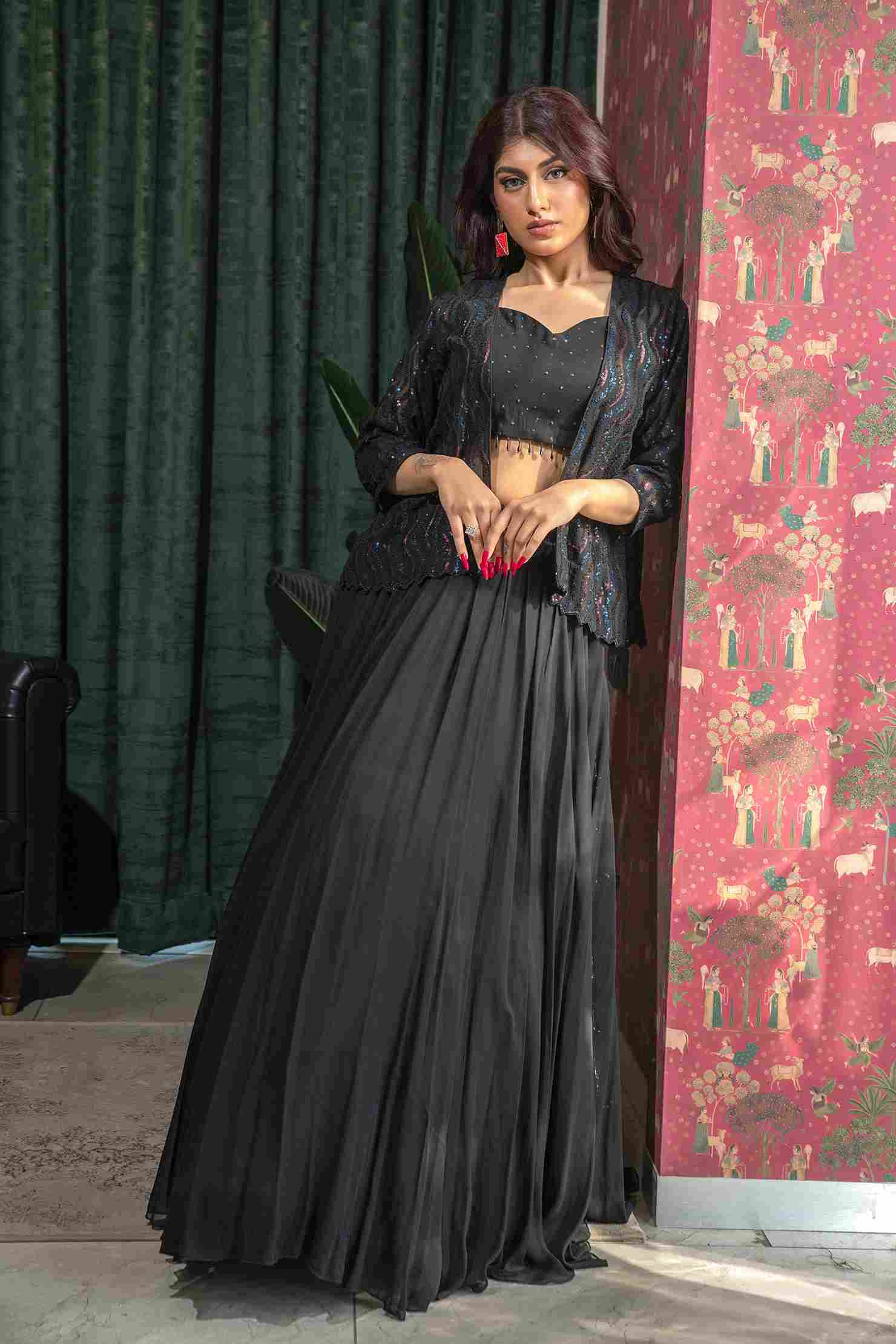 Black Crop Top set in Georgette with Sequins Jacket