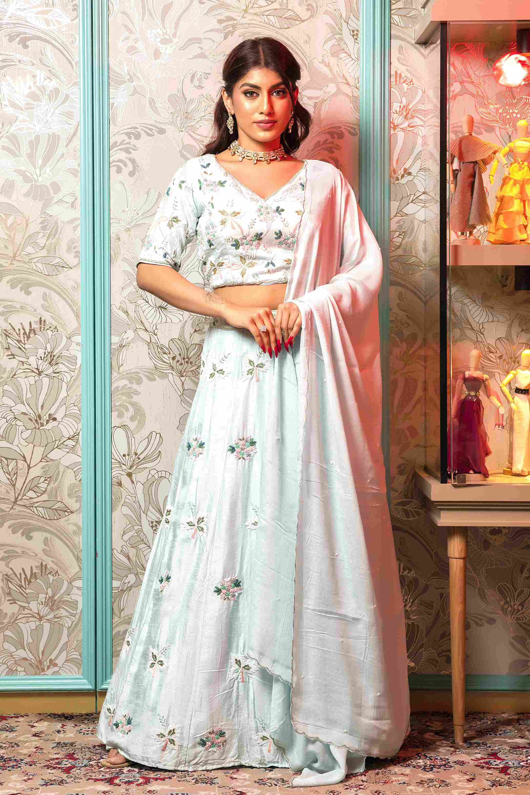 Sea Blue Crop Top Set in Raw silk