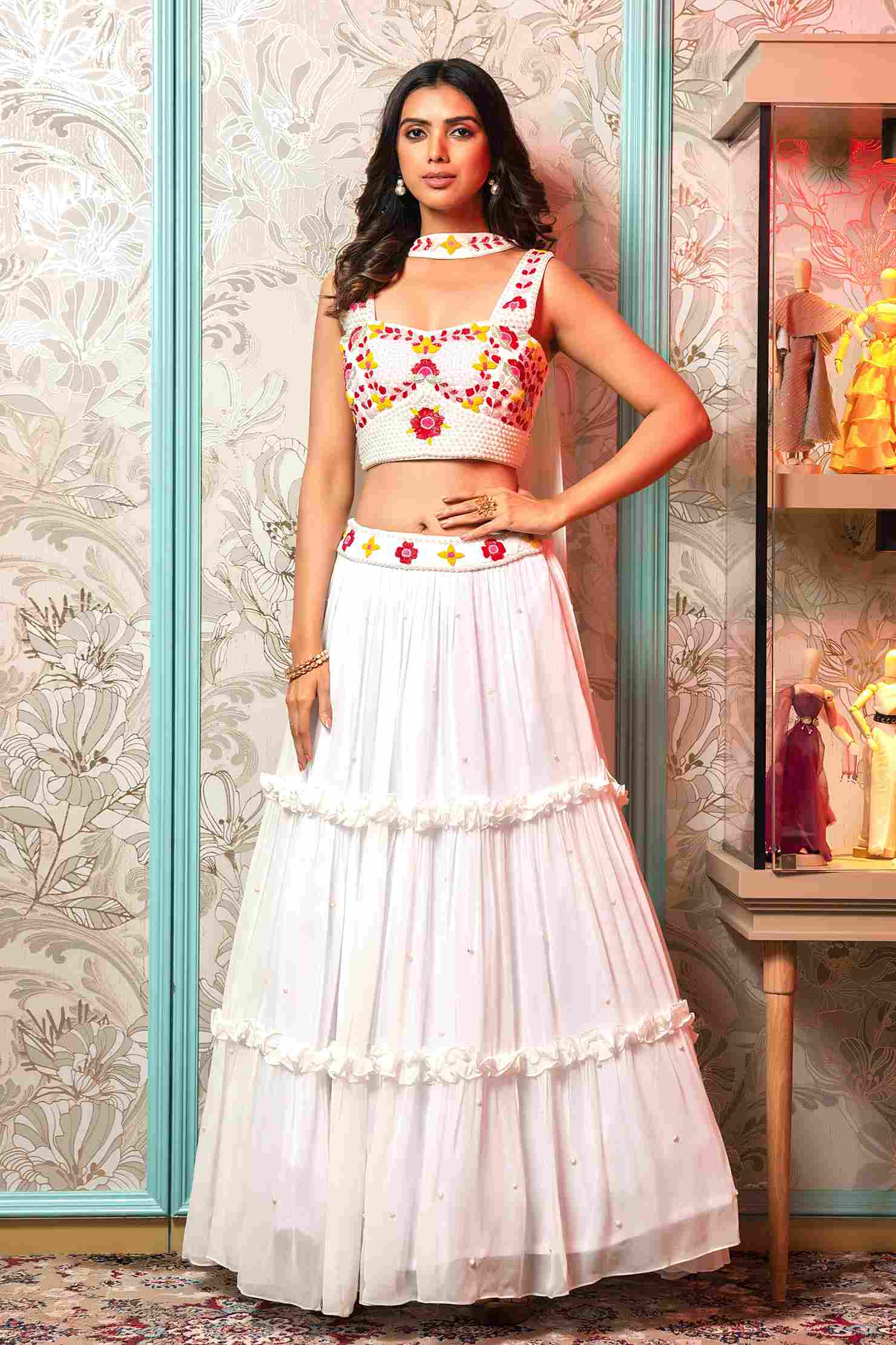 White Heavy Crop Top Set with matching Dupatta 