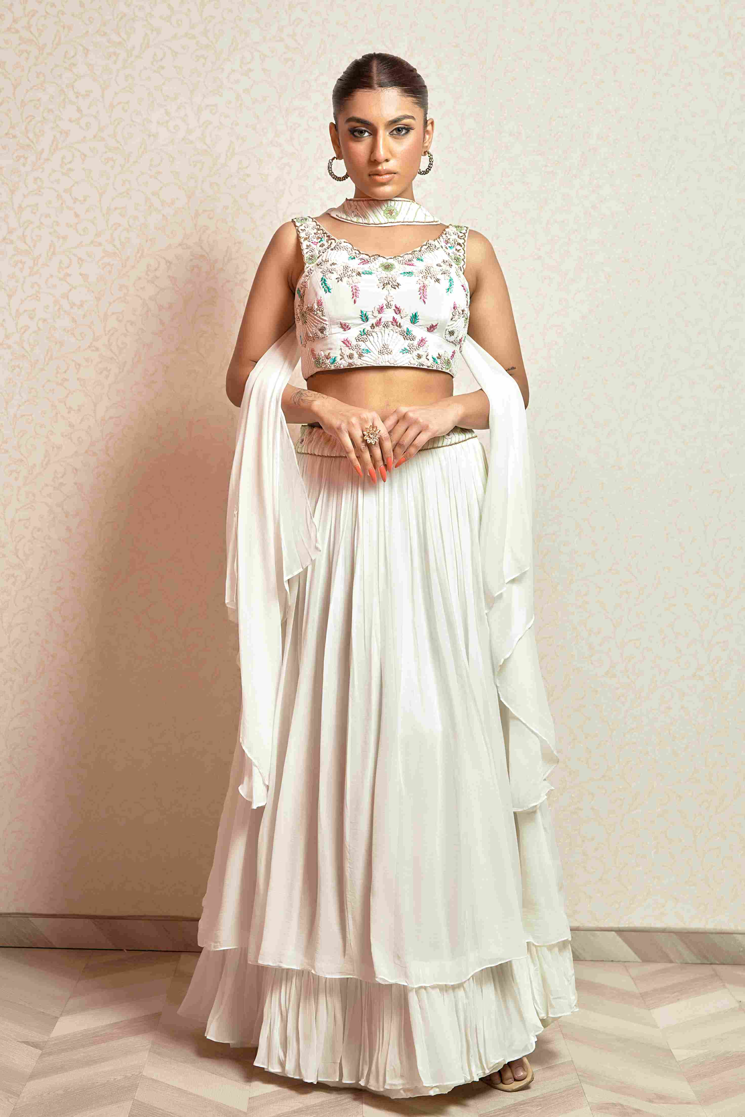 Heavy Crop Top with Simple Skirt and Dupatta in White color