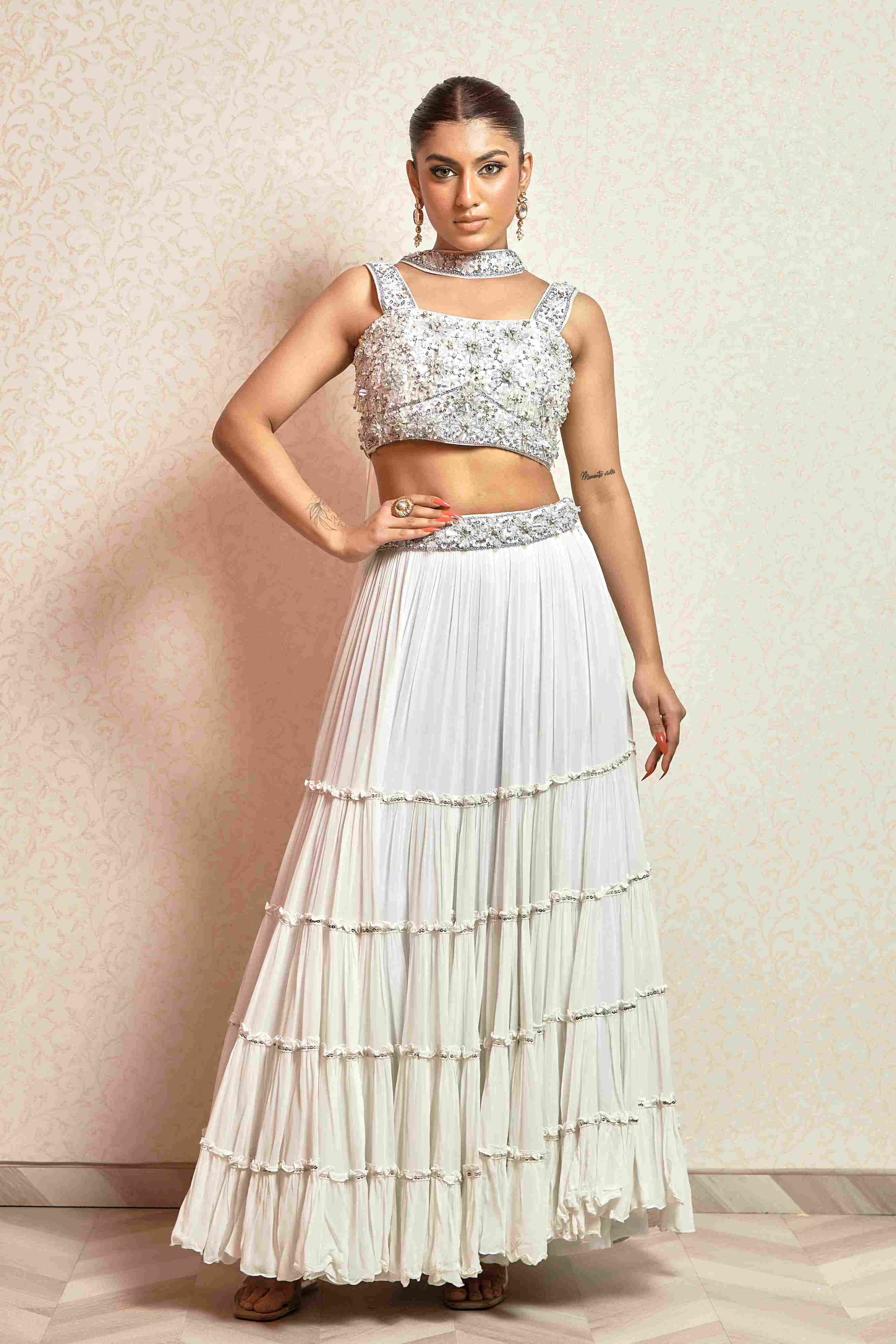Heavy Crop Top set with Dupatta in White