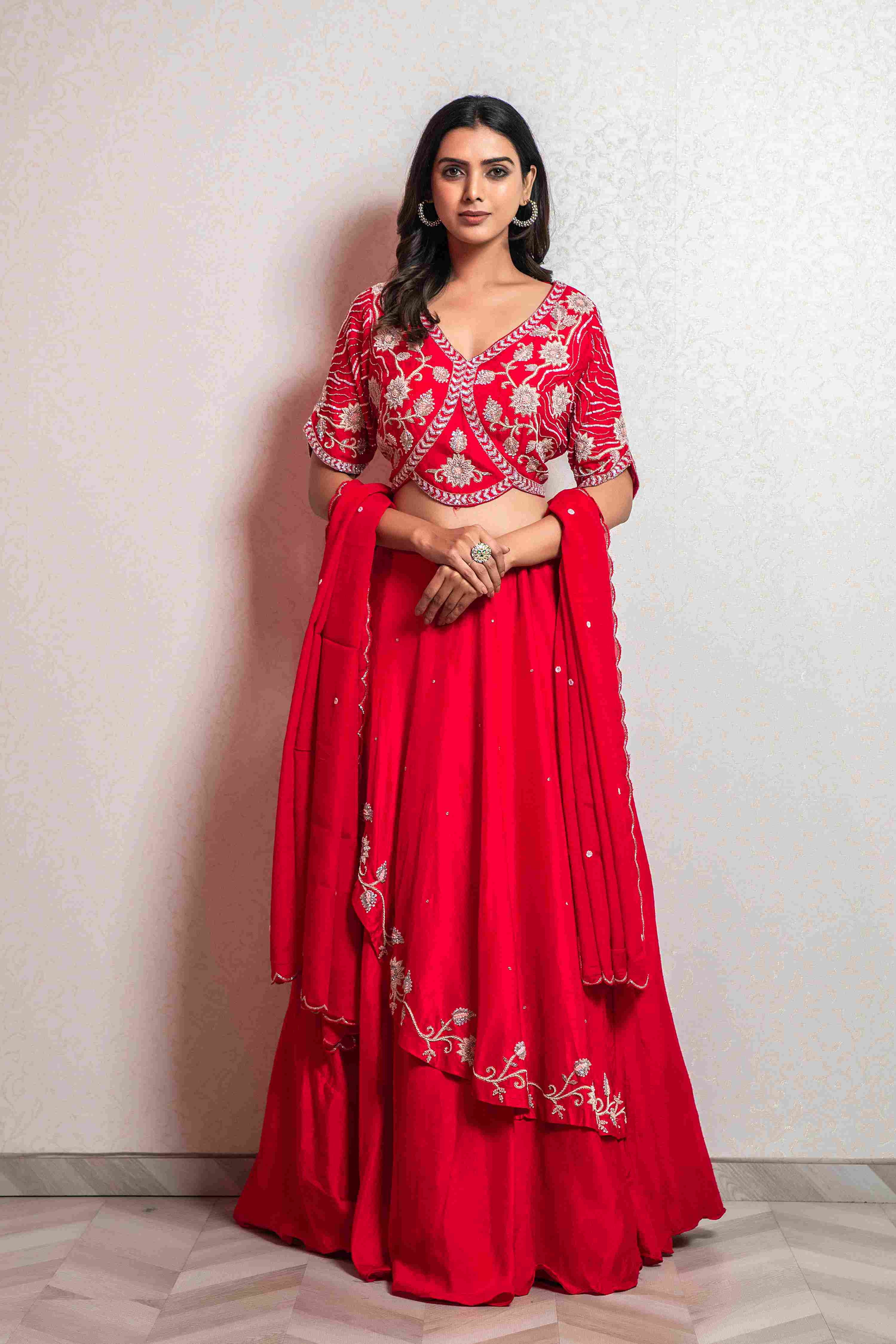 Red Silk Crop Top Set with Dupatta