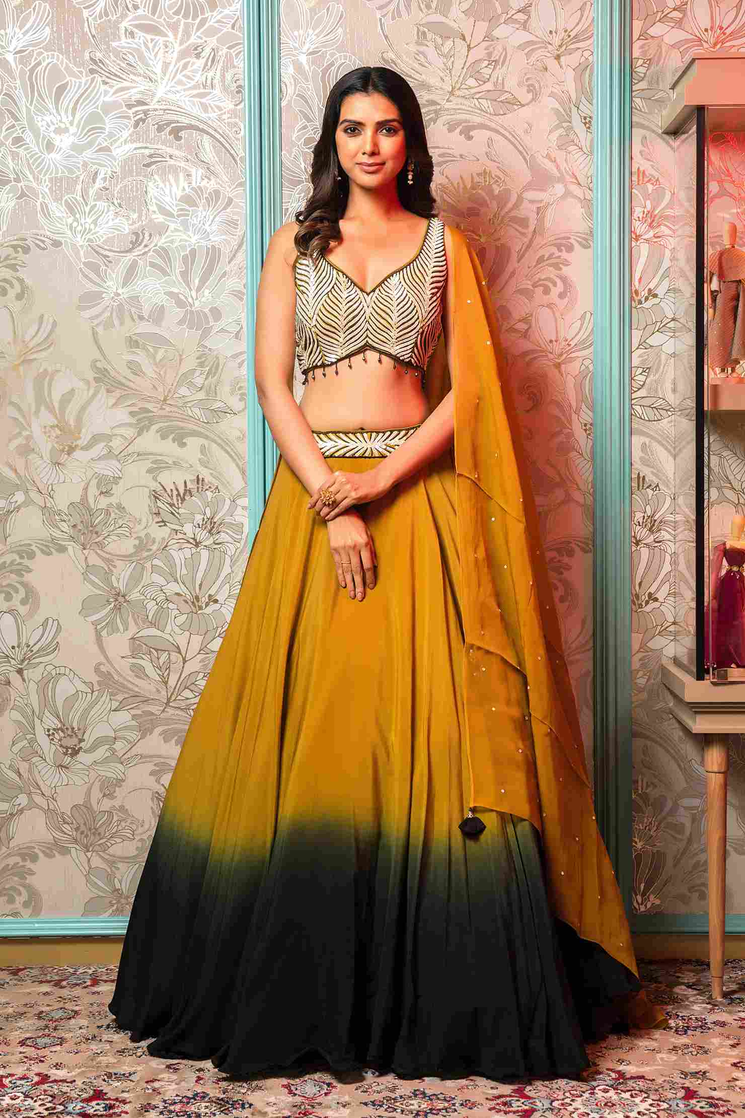 Mehendi and Dark Green Ombre Crop Top Set in Silk