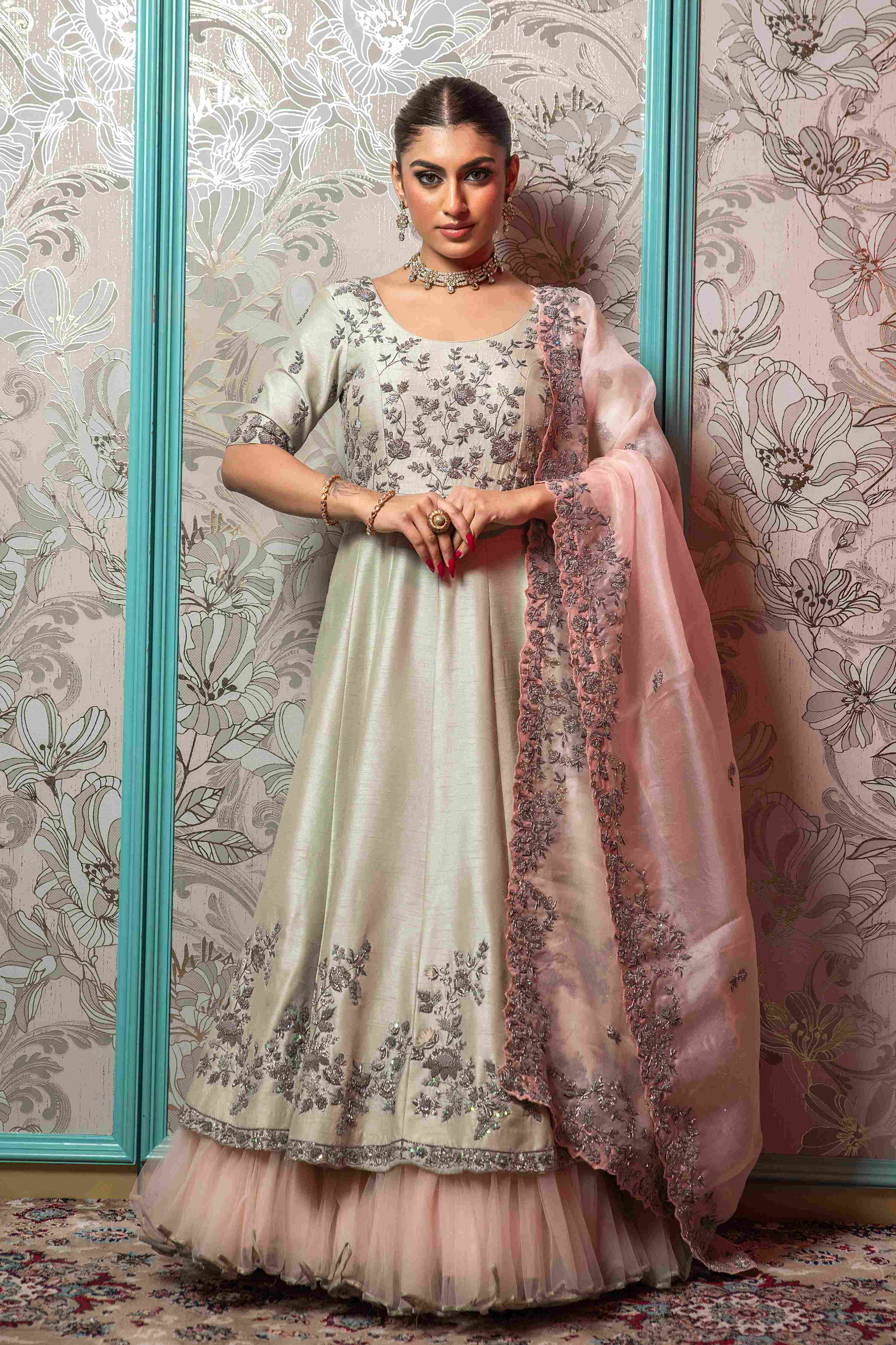 Pistachio Green   Gown With Heavy Rose Pink Organza Dupatta