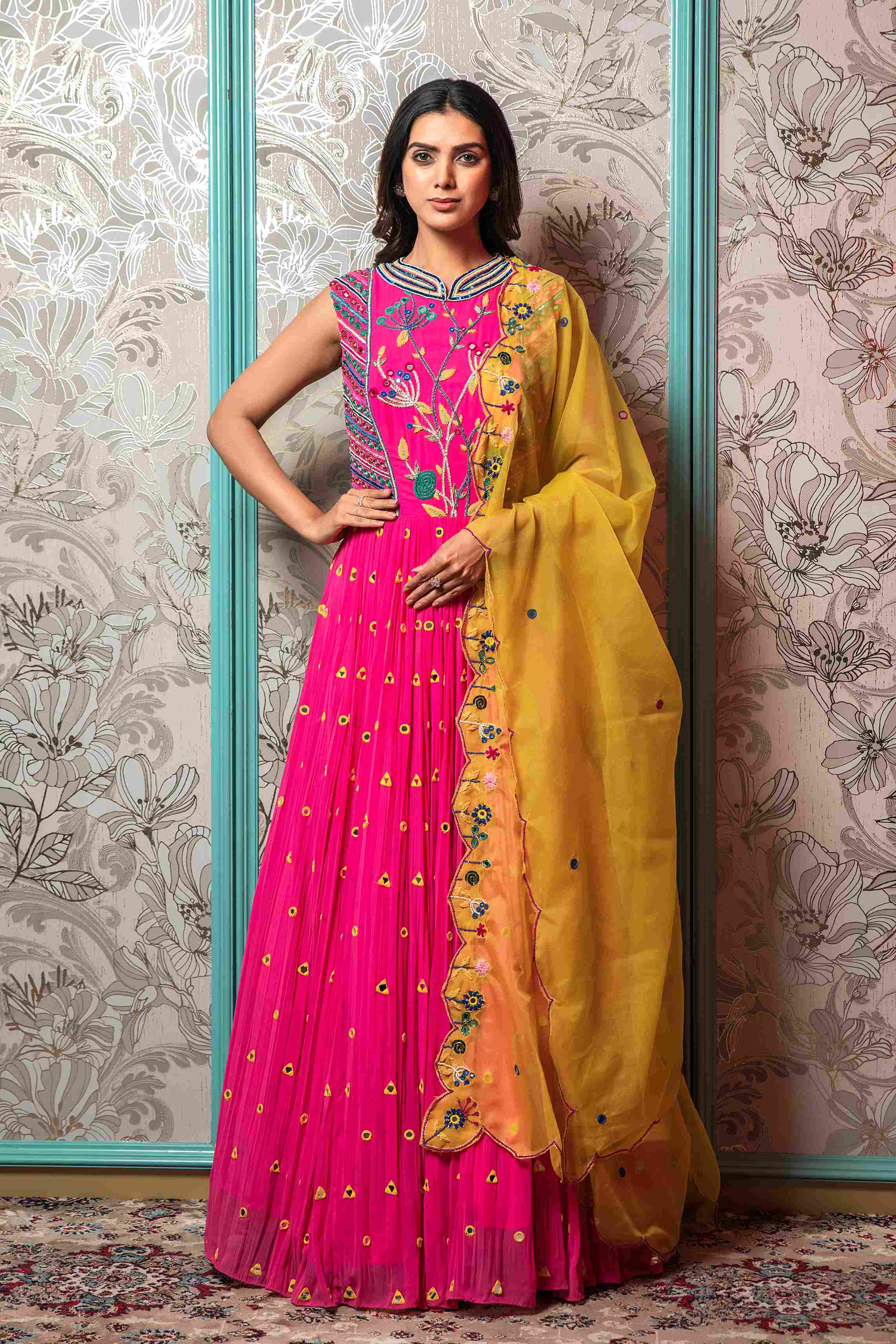 Bright Pink mirror work Gown with Yellow Organza Dupatta