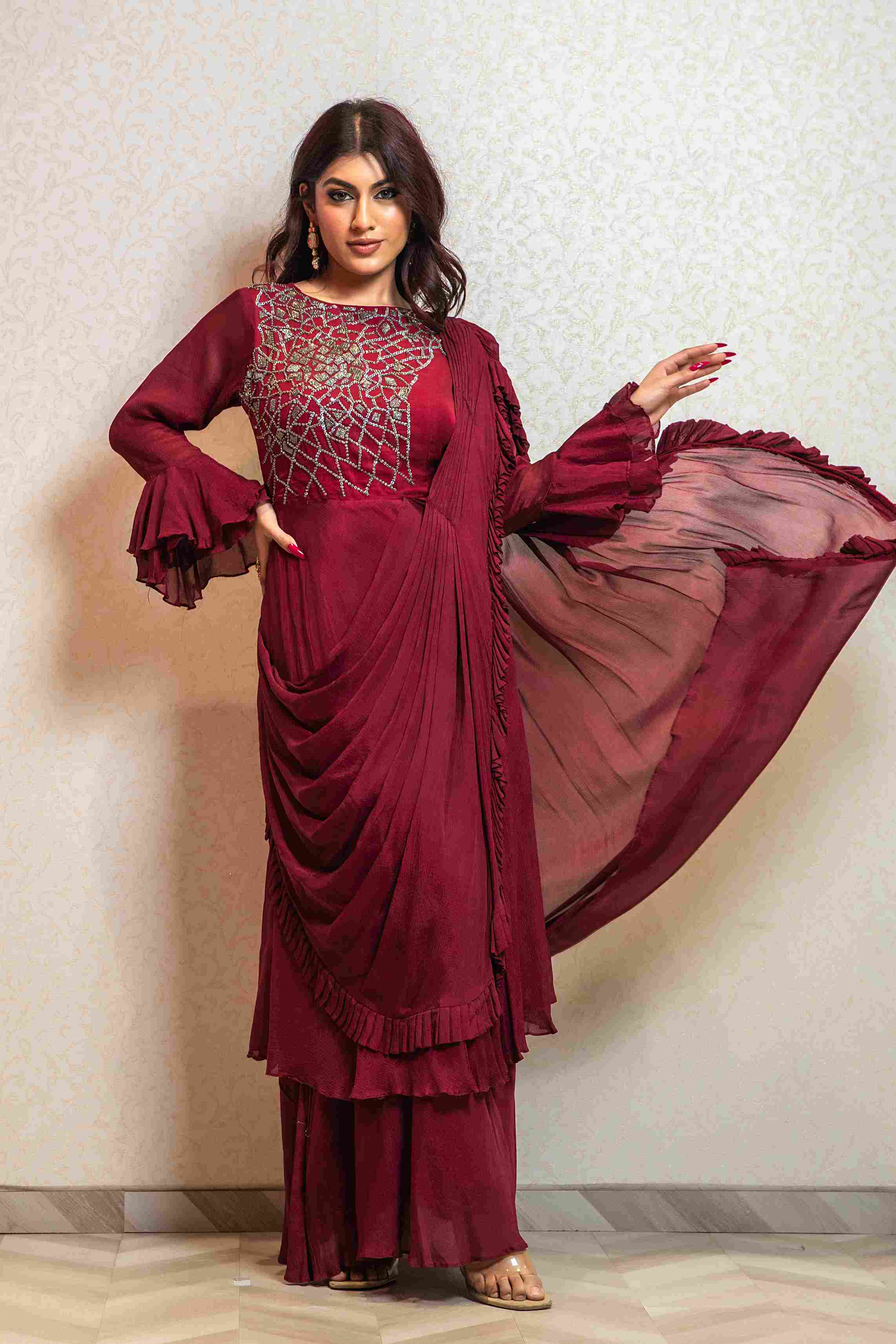 Straight Gown with attached Dupatta in Wine color