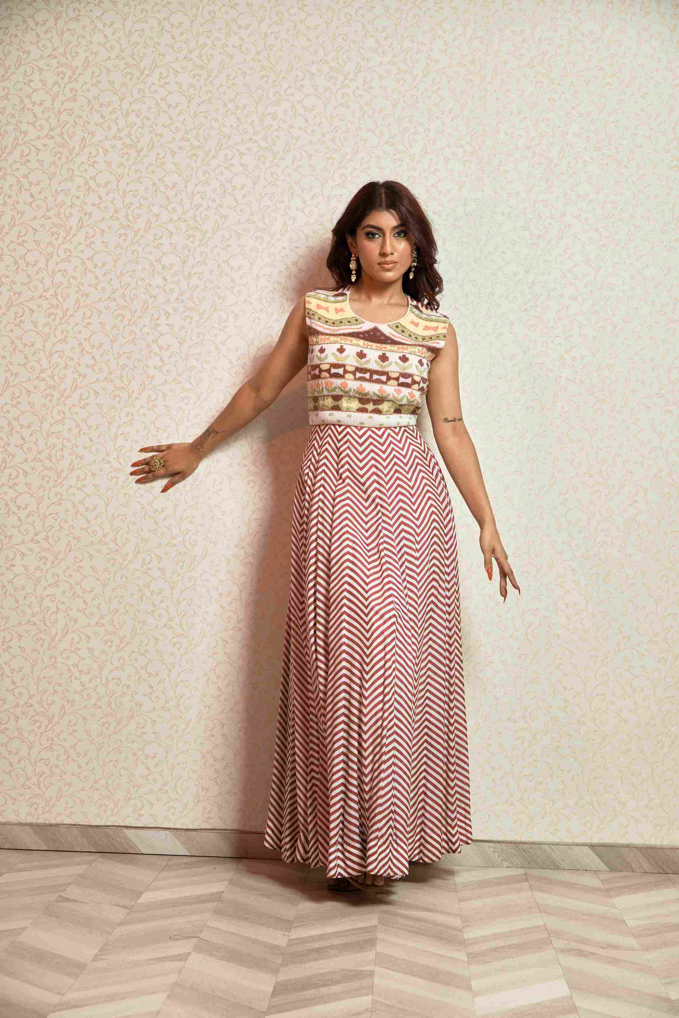 Printed Straight Gown in Rust maroon Color