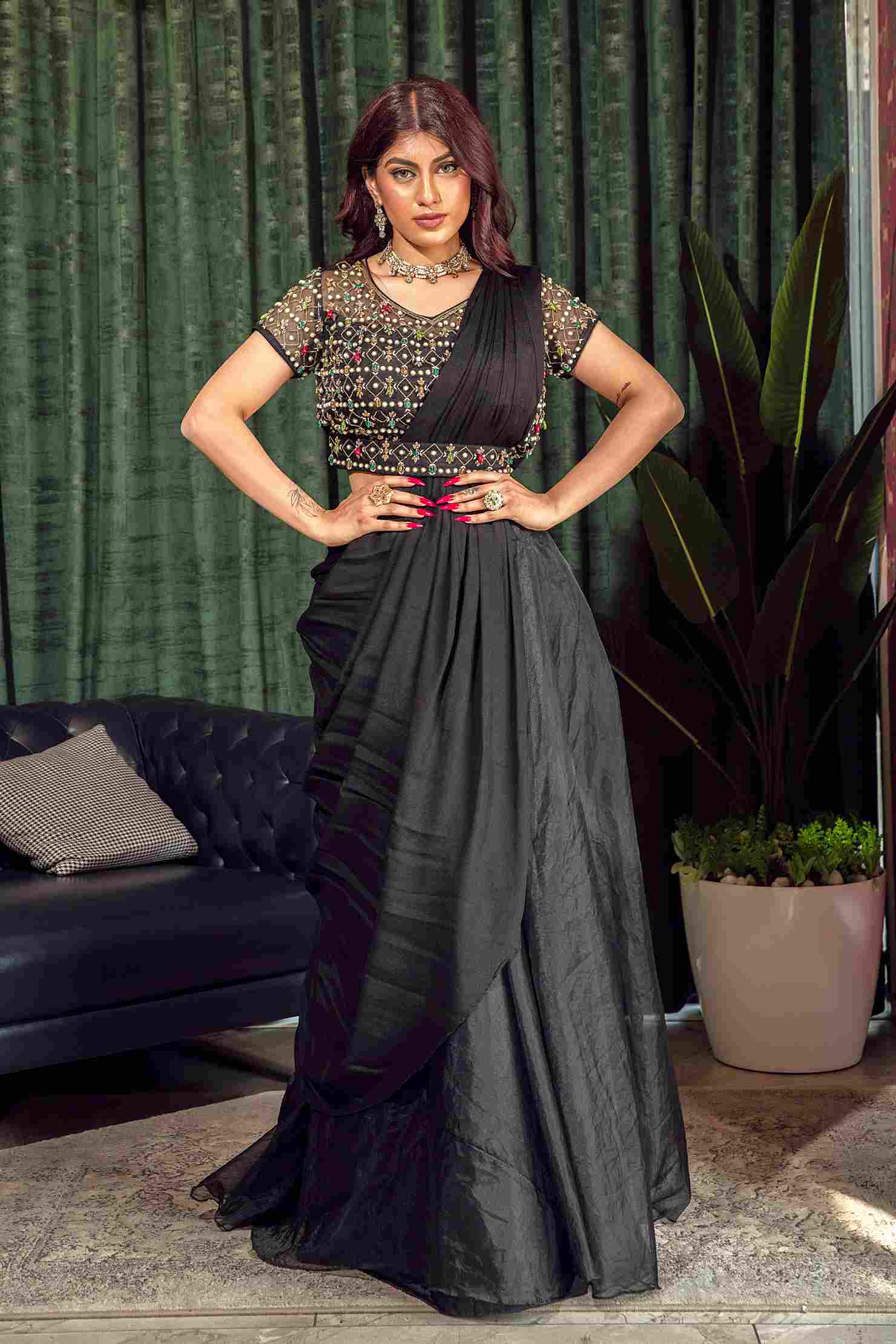 Black Crop Top set in Georgette with Dupatta and Belt