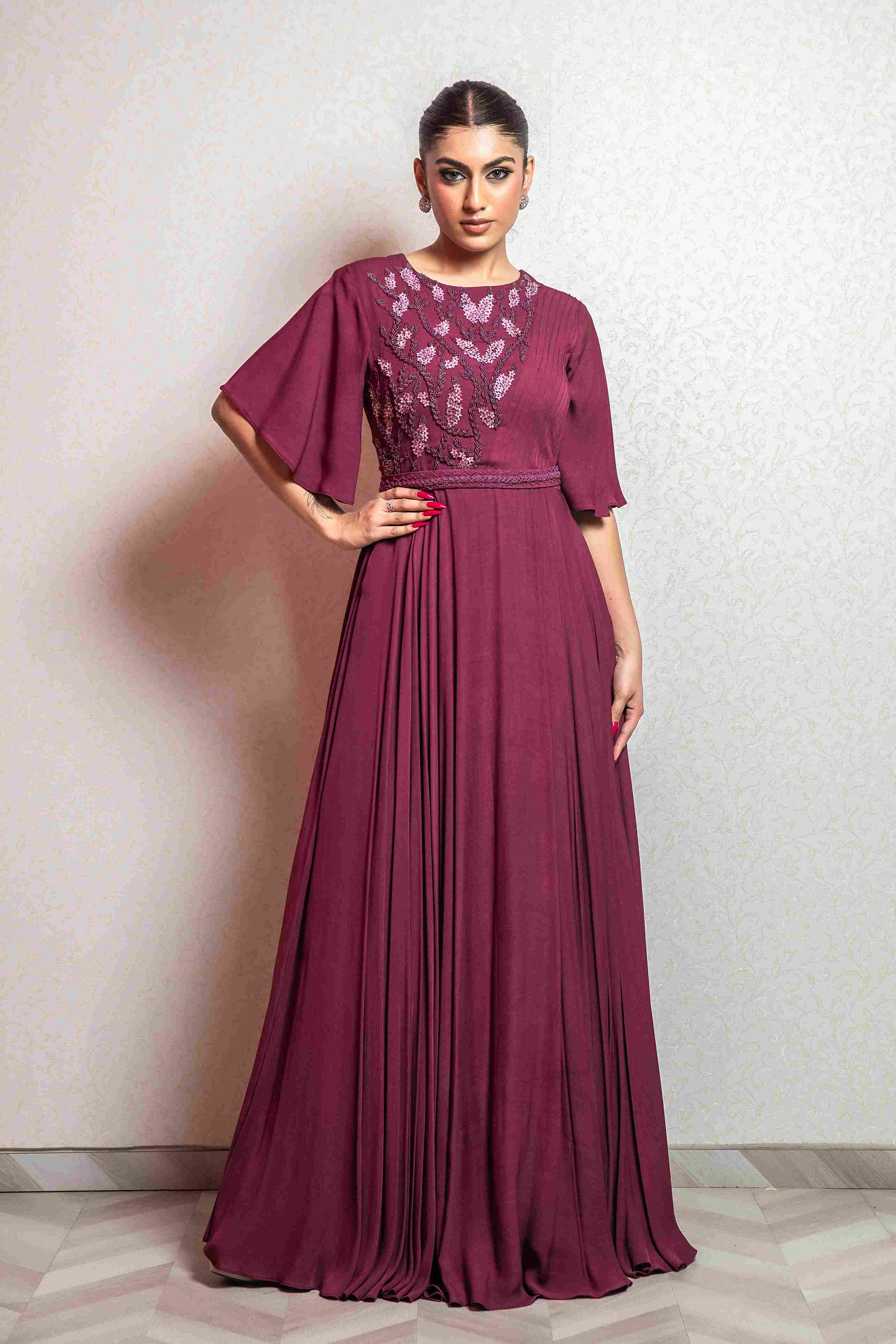Wine Color Gown in Double Georgette