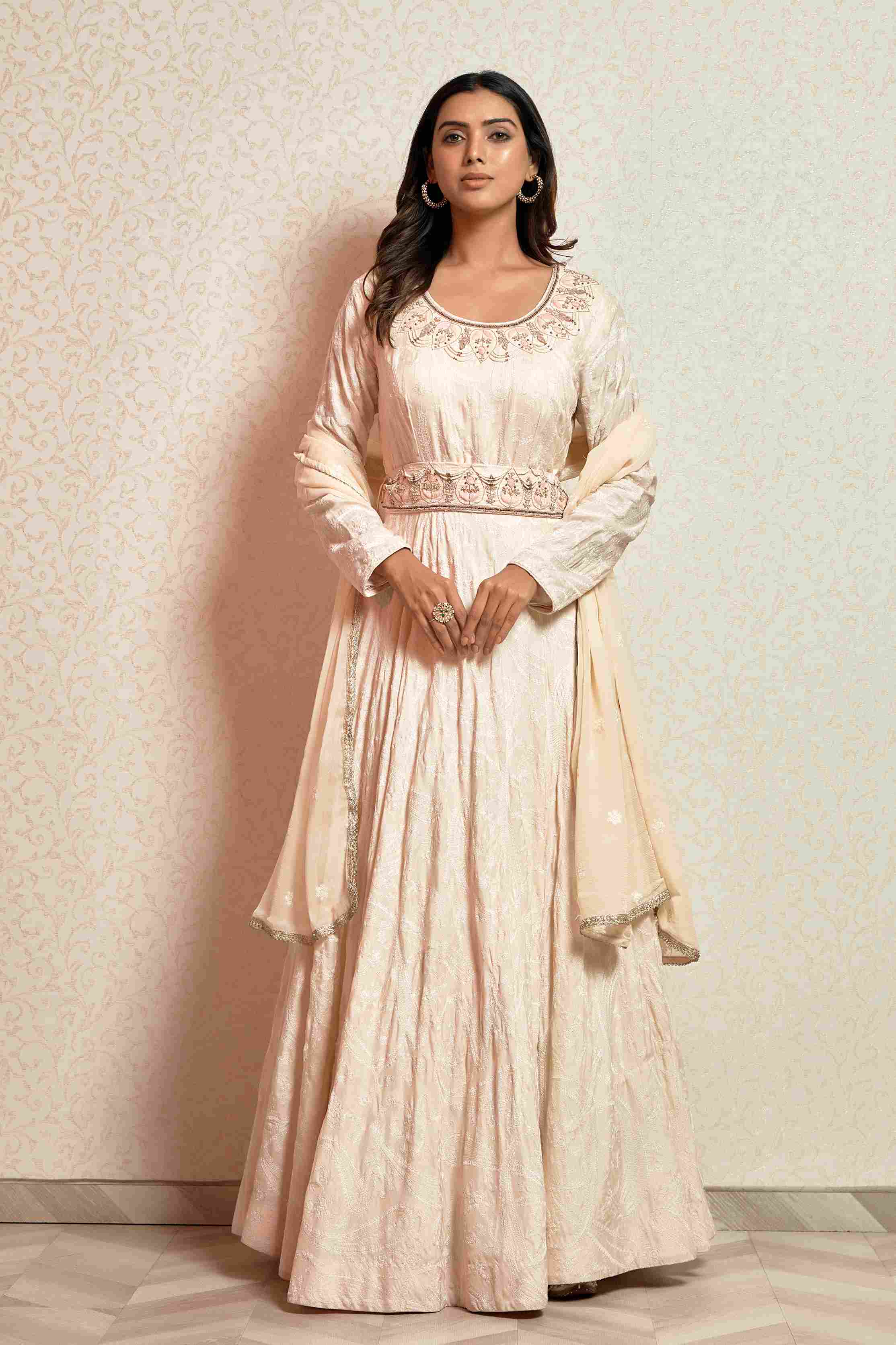 Cream color Anarkali Suit in Raw Silk with Georgette Dupatta