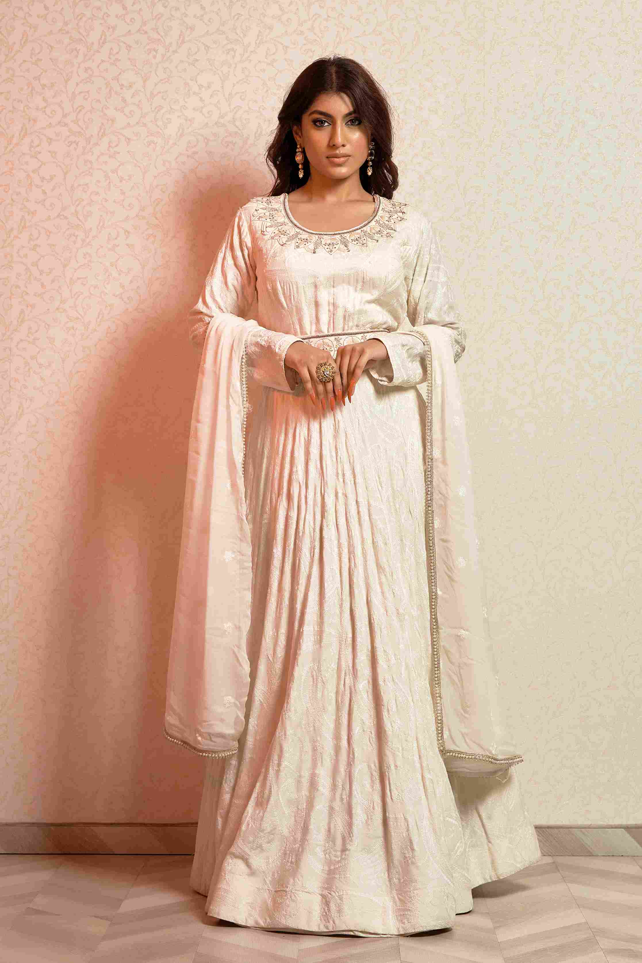 Ivory color Anarkali Suit in Dola Silk with Chiffon Dupatta
