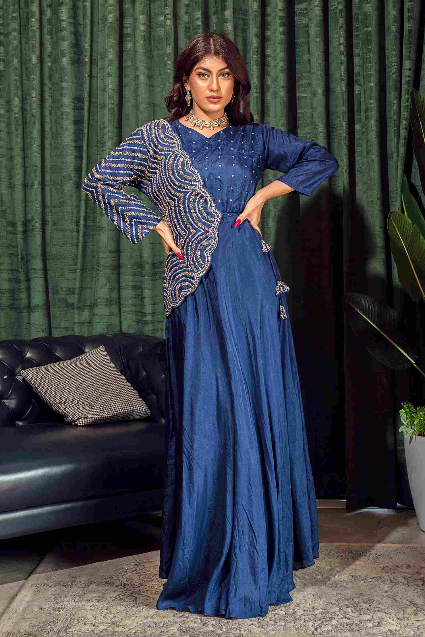 Dark Blue Jacket style Gown in Dola Silk