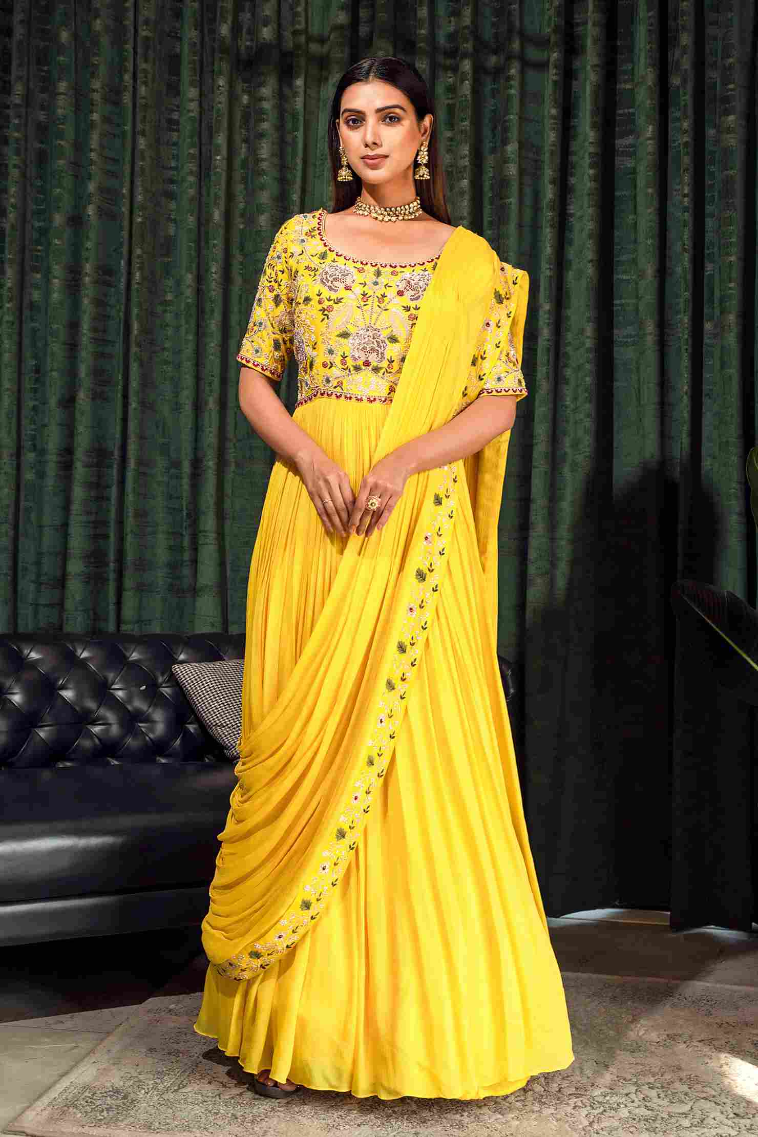 Lemon Yellow Gown with Drape Style Dupatta