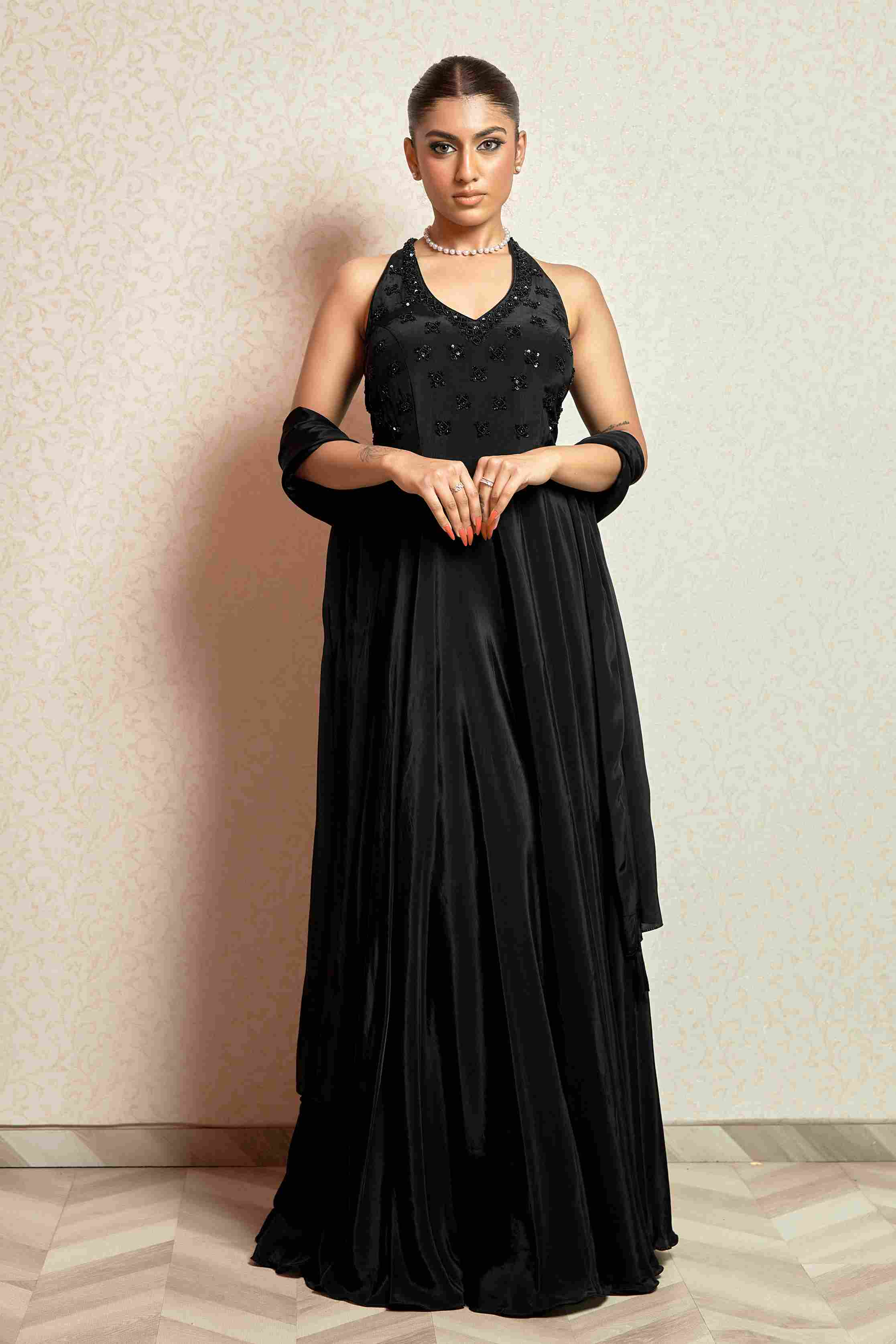 Black Party wear Gown in Satin Silk
