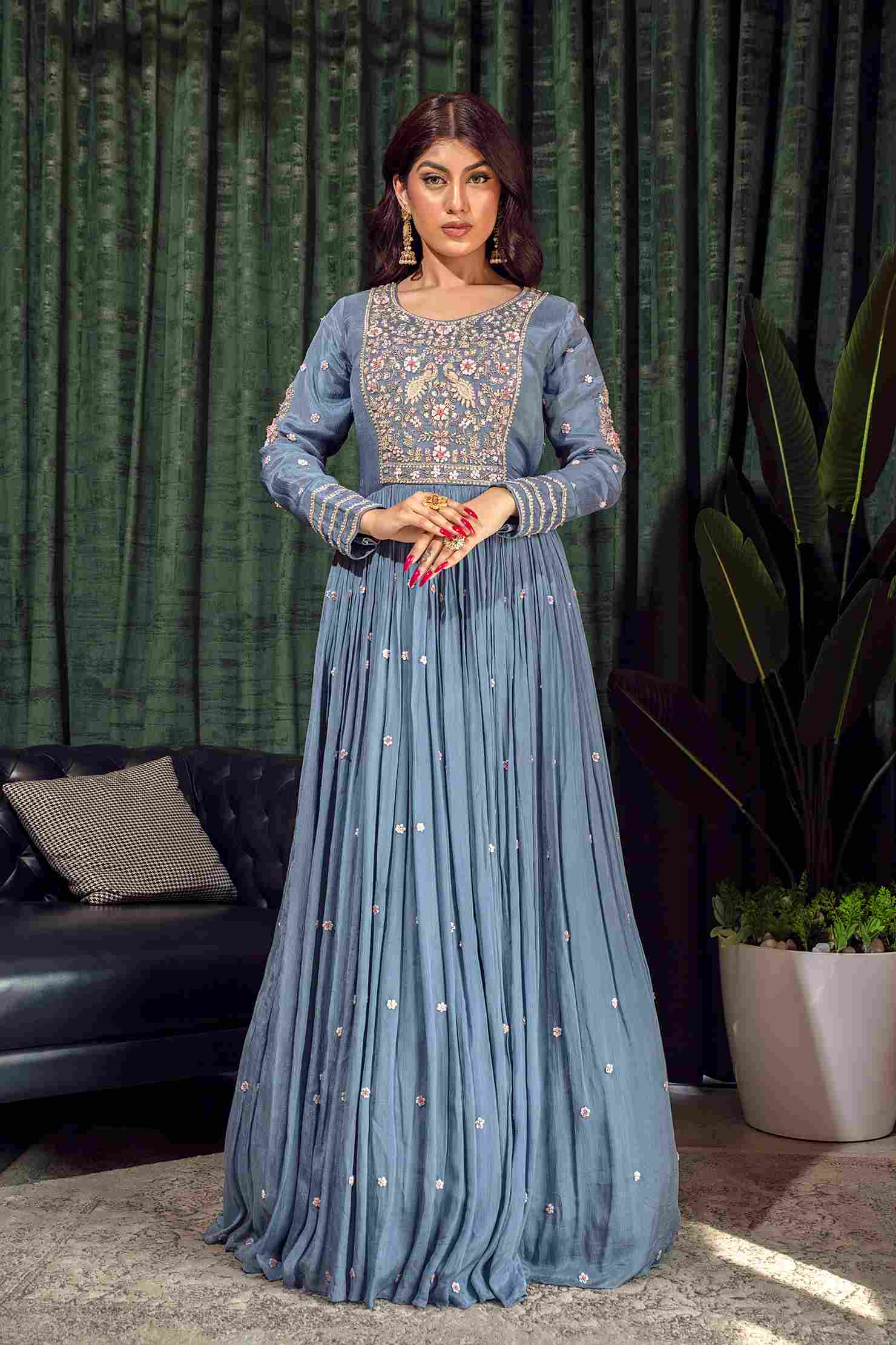 Grey Heavy Embroidered gown in Pure Chinnon