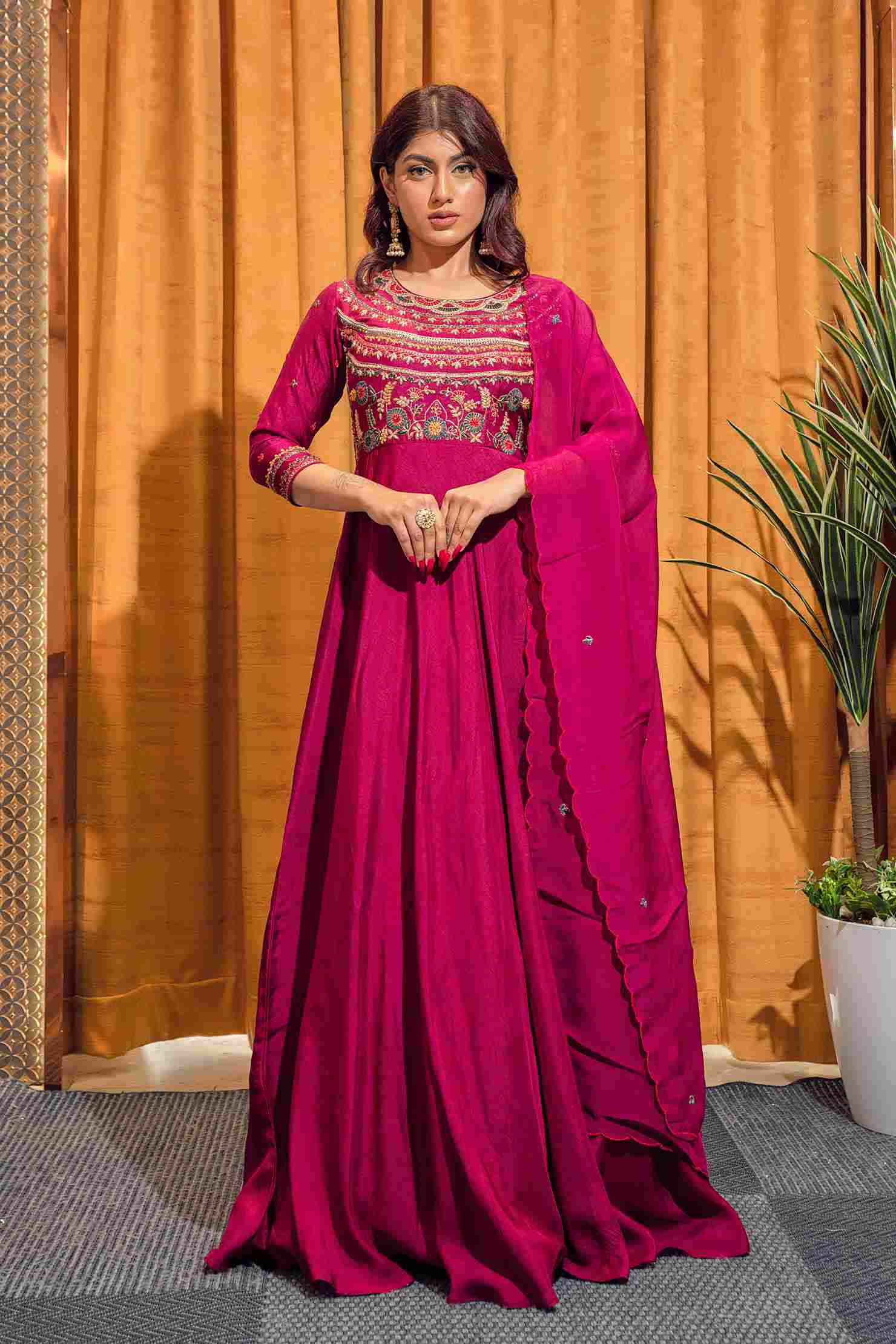 Fuchsia Pink Gown in Dola Silk with Chiffon Dupatta