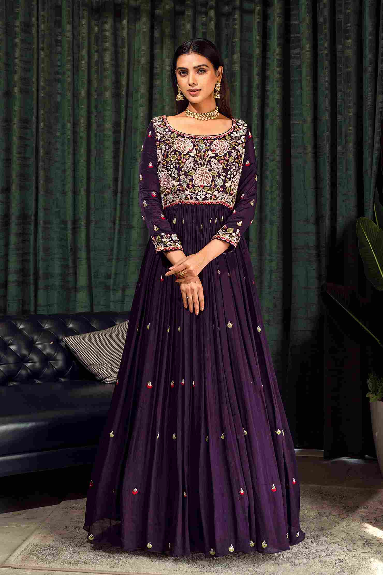 Dark Purple Heavy Embroidered gown in Pure Chinnon