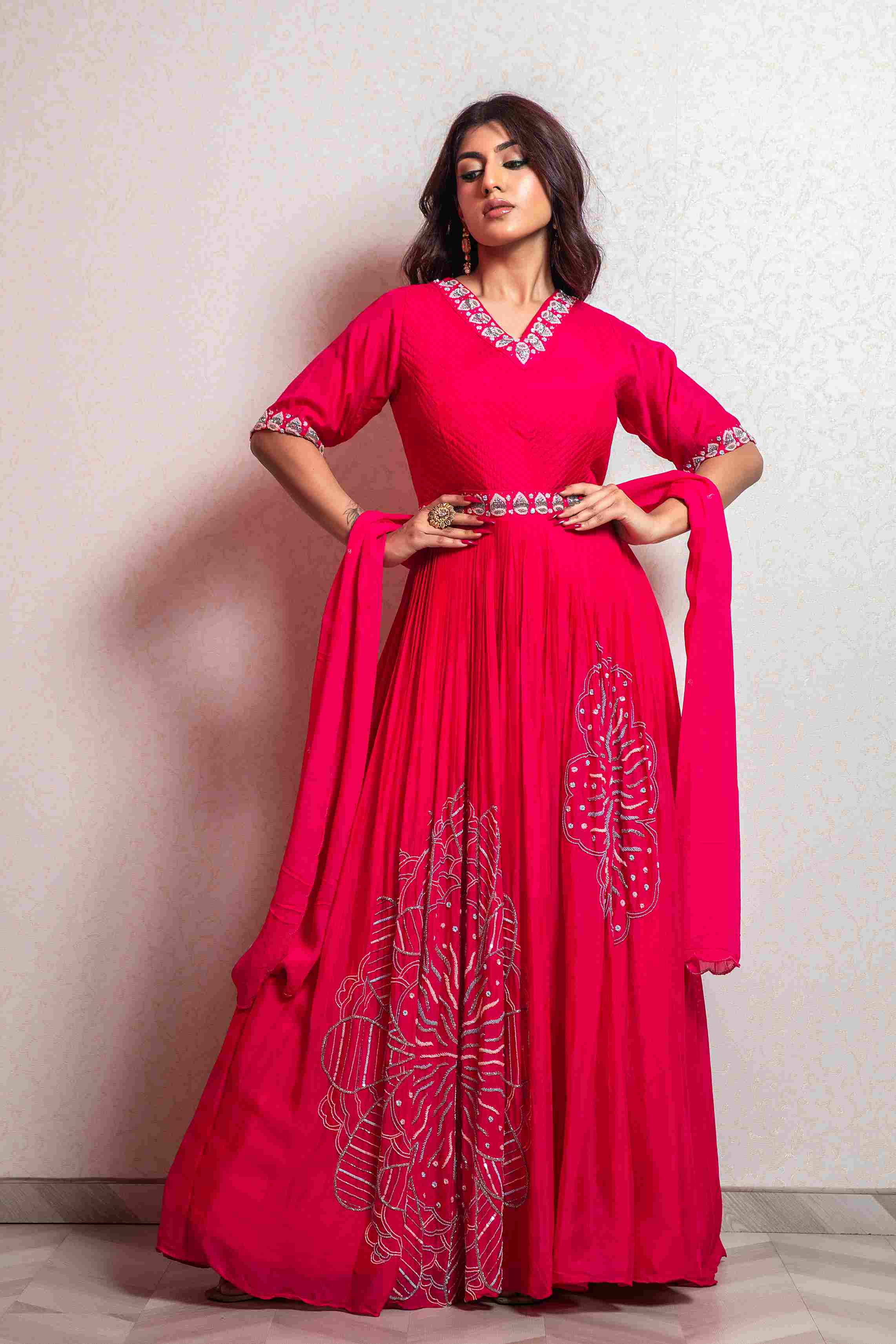 Bright Pink Gown with minimal work details and Dupatta