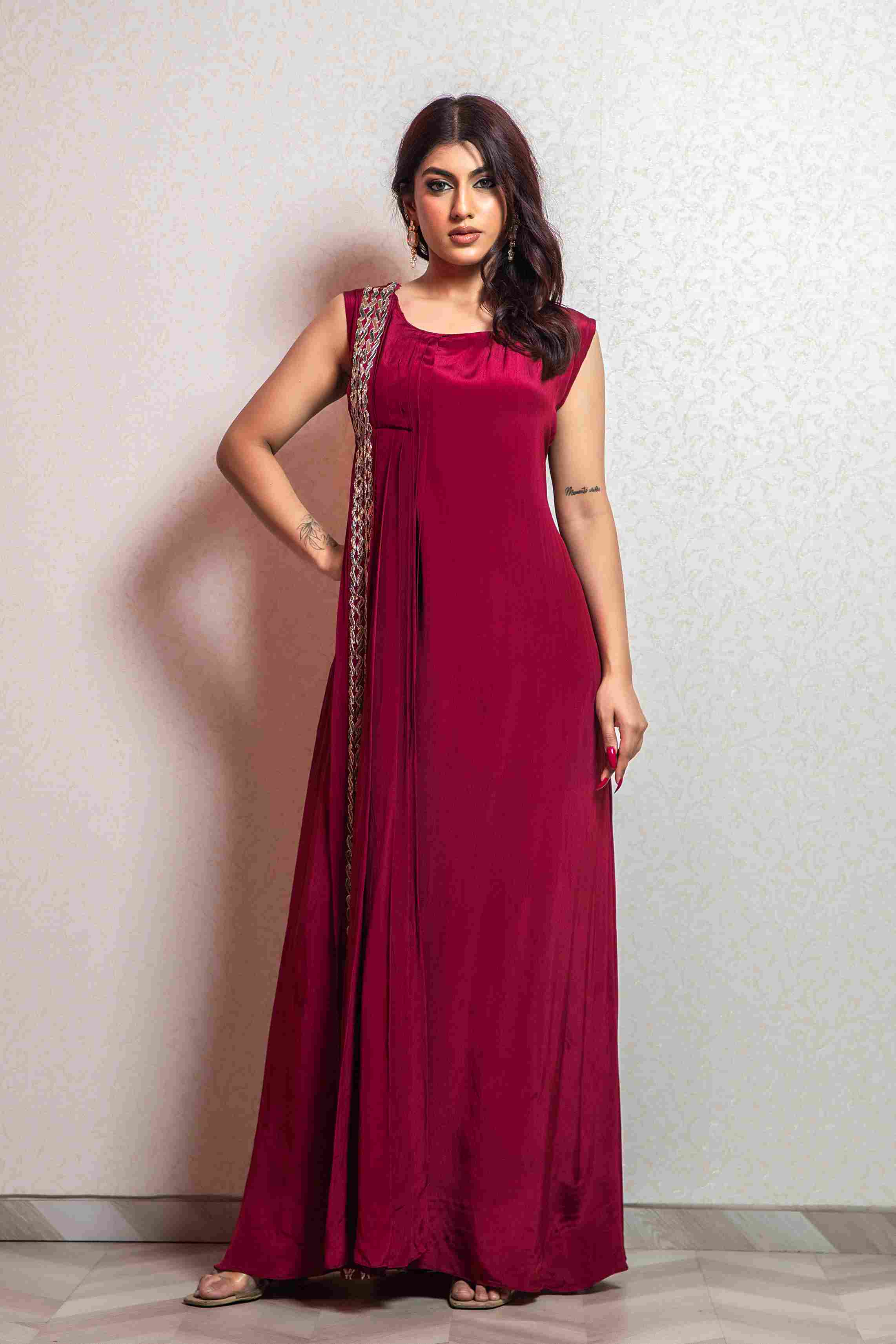 Maroon Straight Gown in Satin Fabric