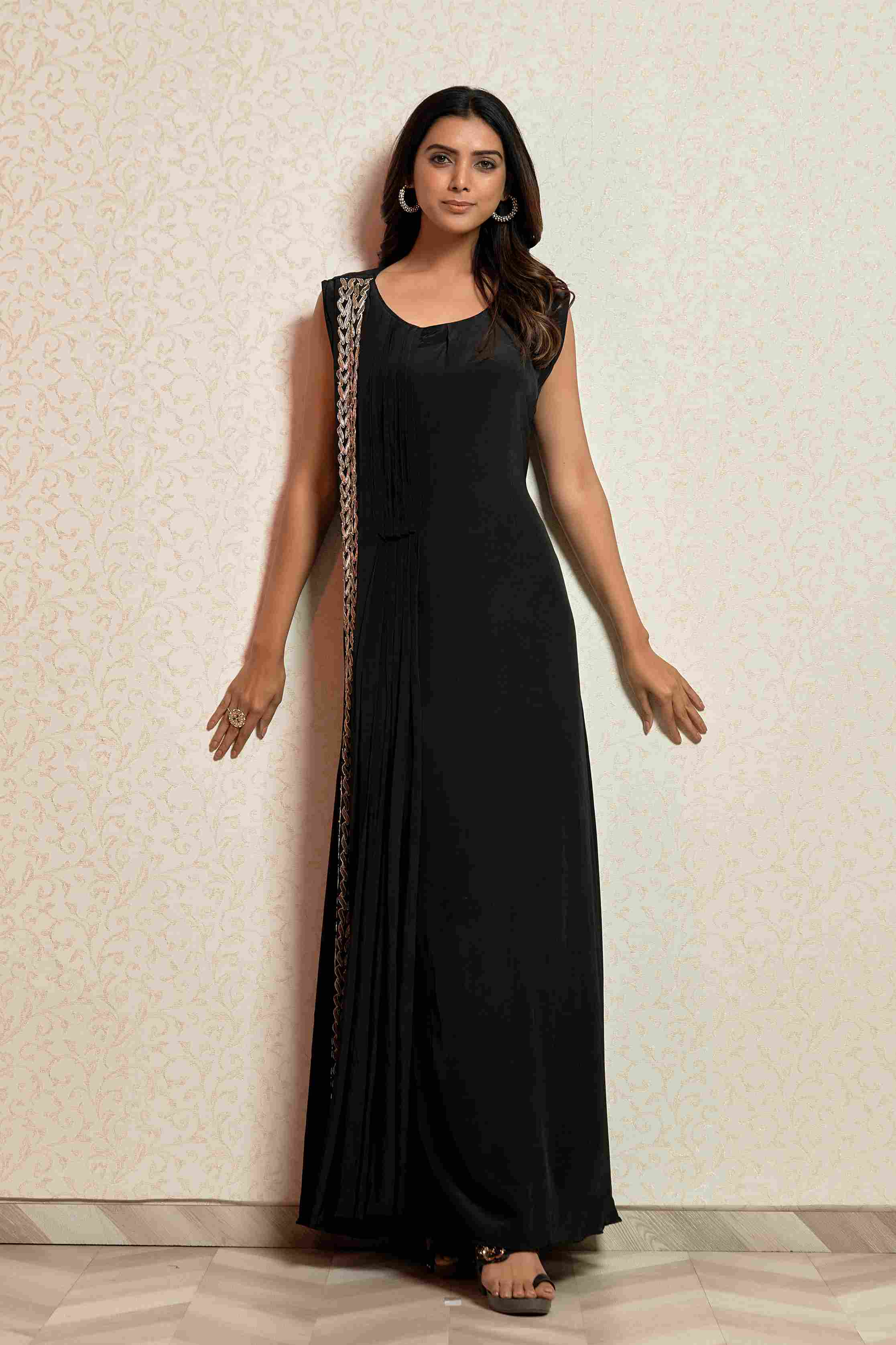 Black Straight Gown in Satin Fabric