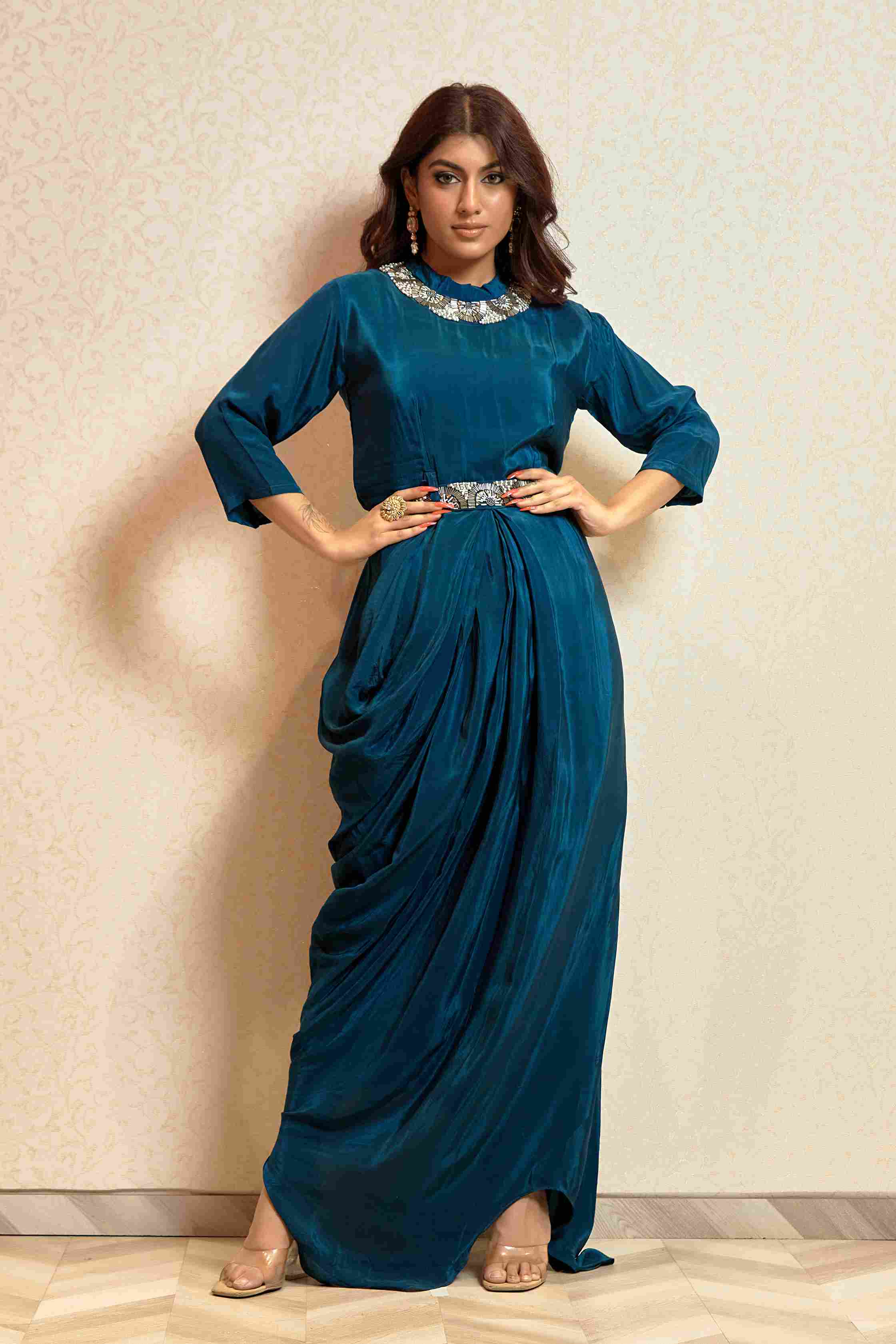 Dark Blue Party wear Gown in Silk with heavy Belt