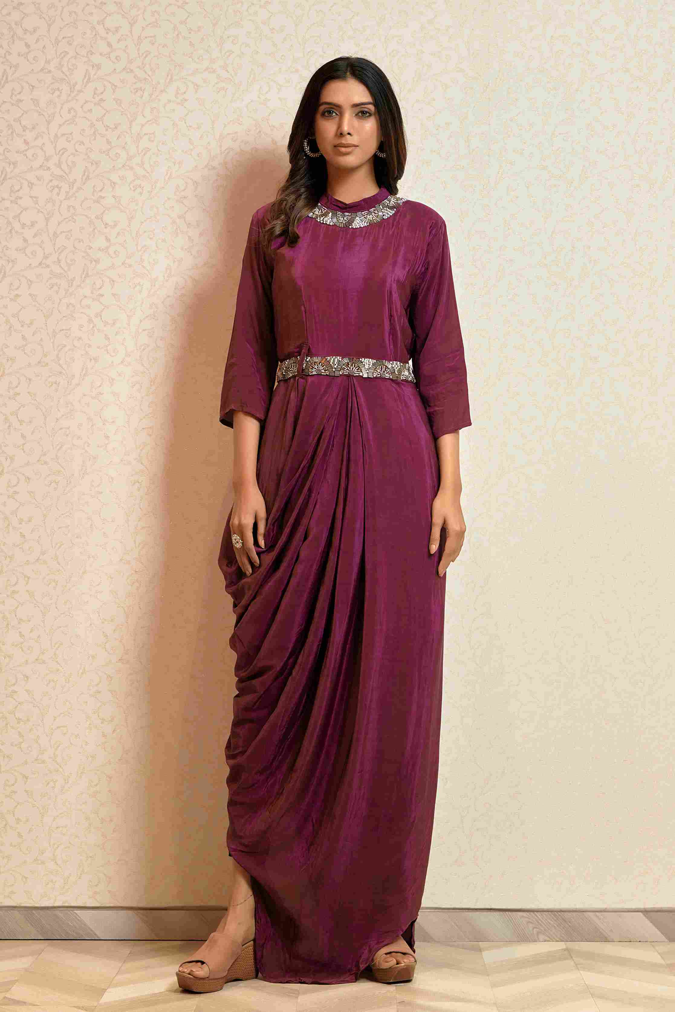 Plum Party wear Gown in Silk with heavy Belt