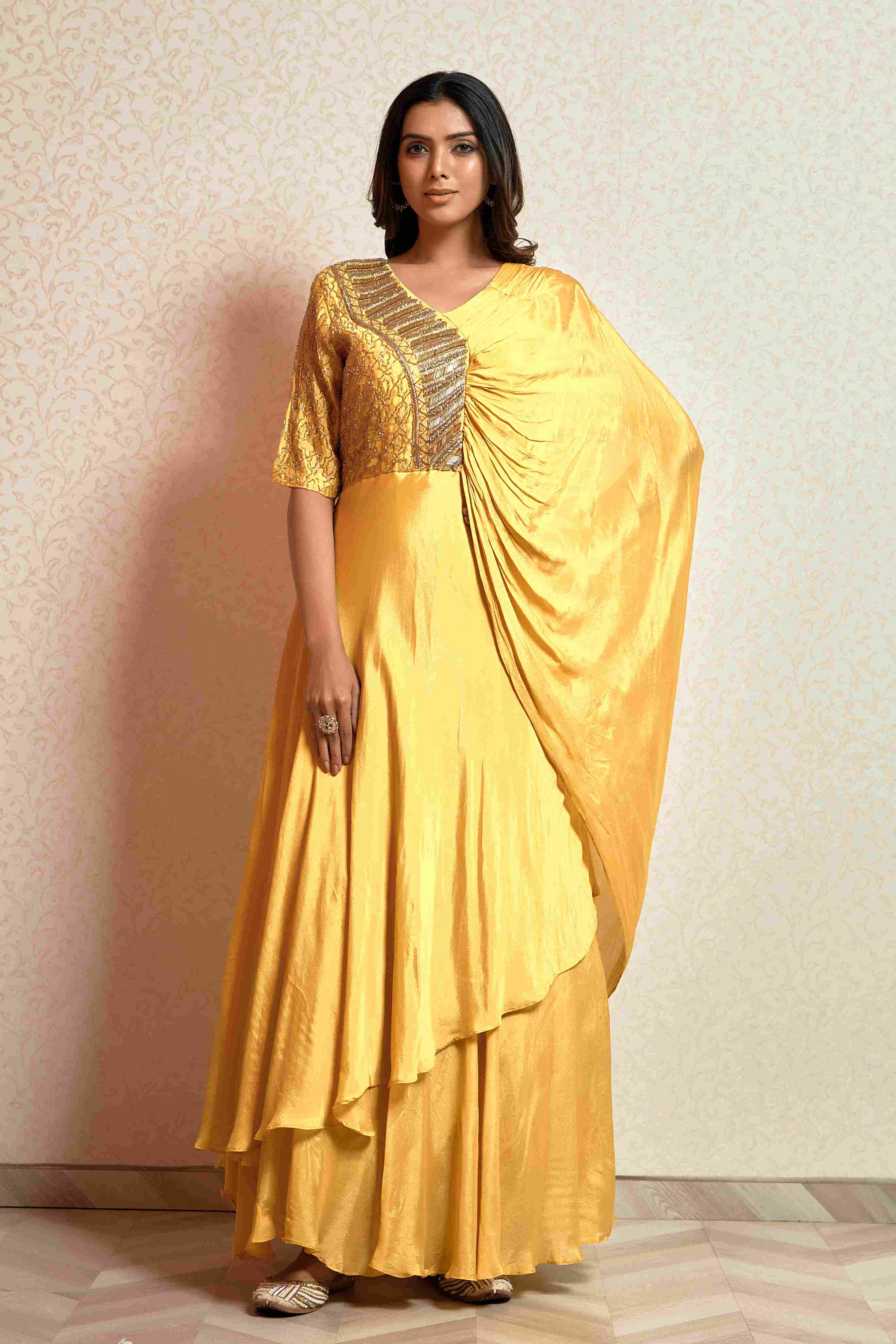 Yellow Gown with unique Sleeves in Satin Silk