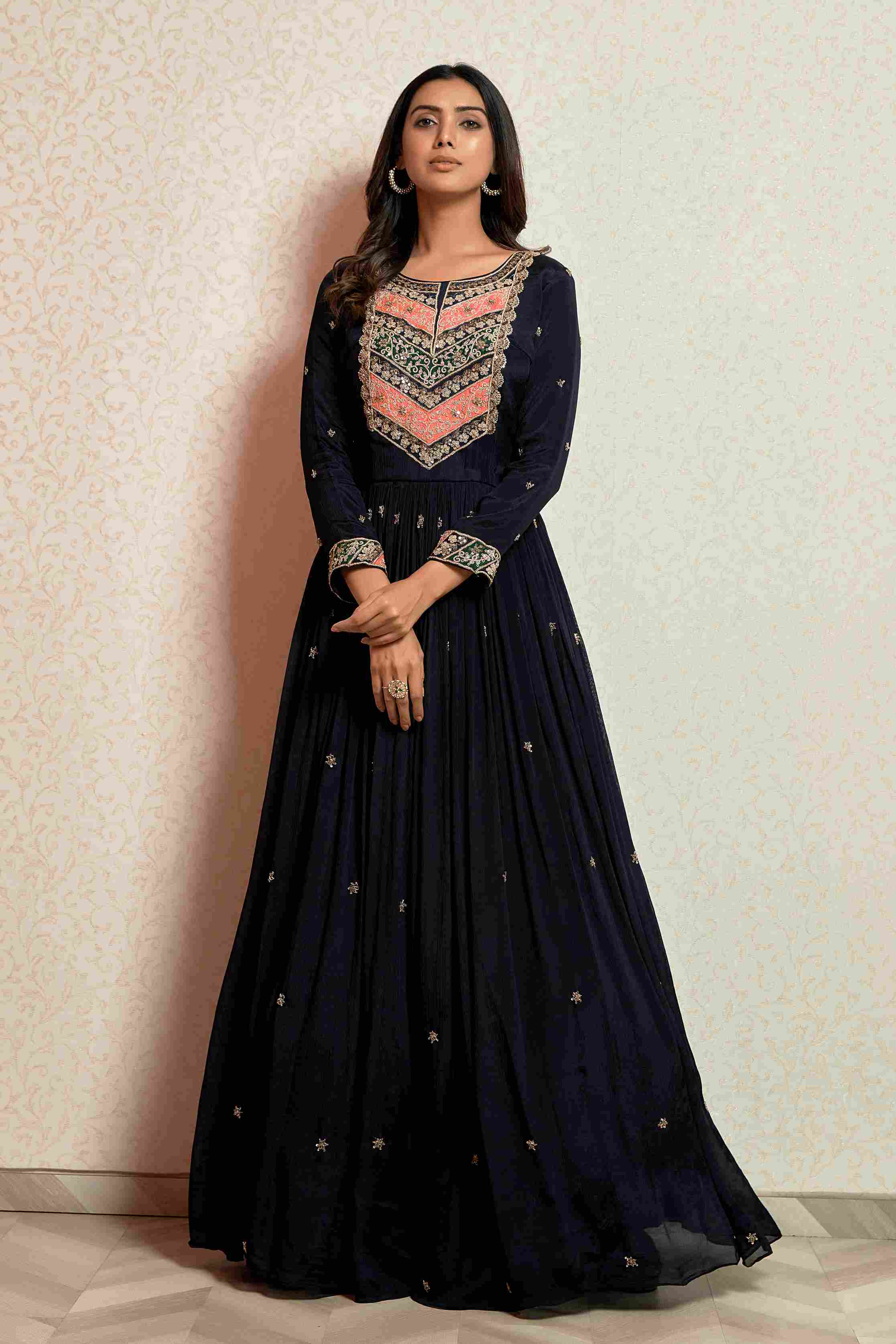 Dark Blue Gown in Chinnon with handwork