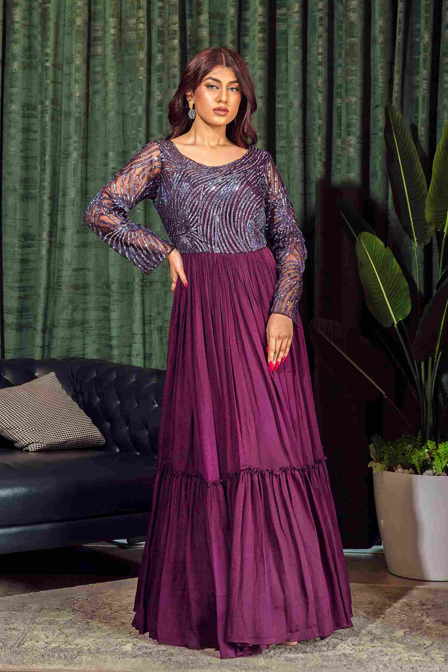 Wine color Gown with Sequins work in Chinnon Fabric