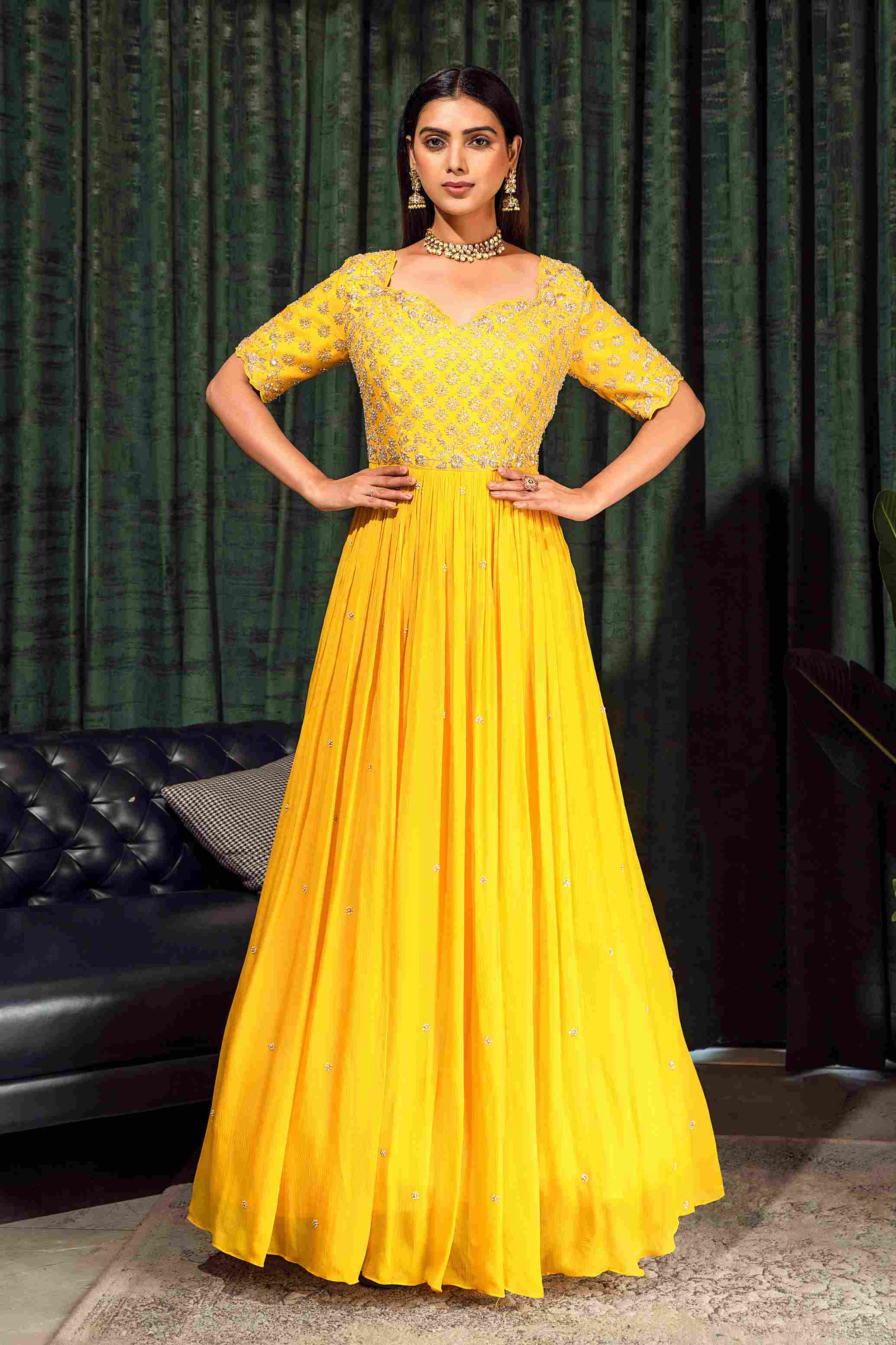 Heavy Embroidered Yellow Gown in Pure Chinnon