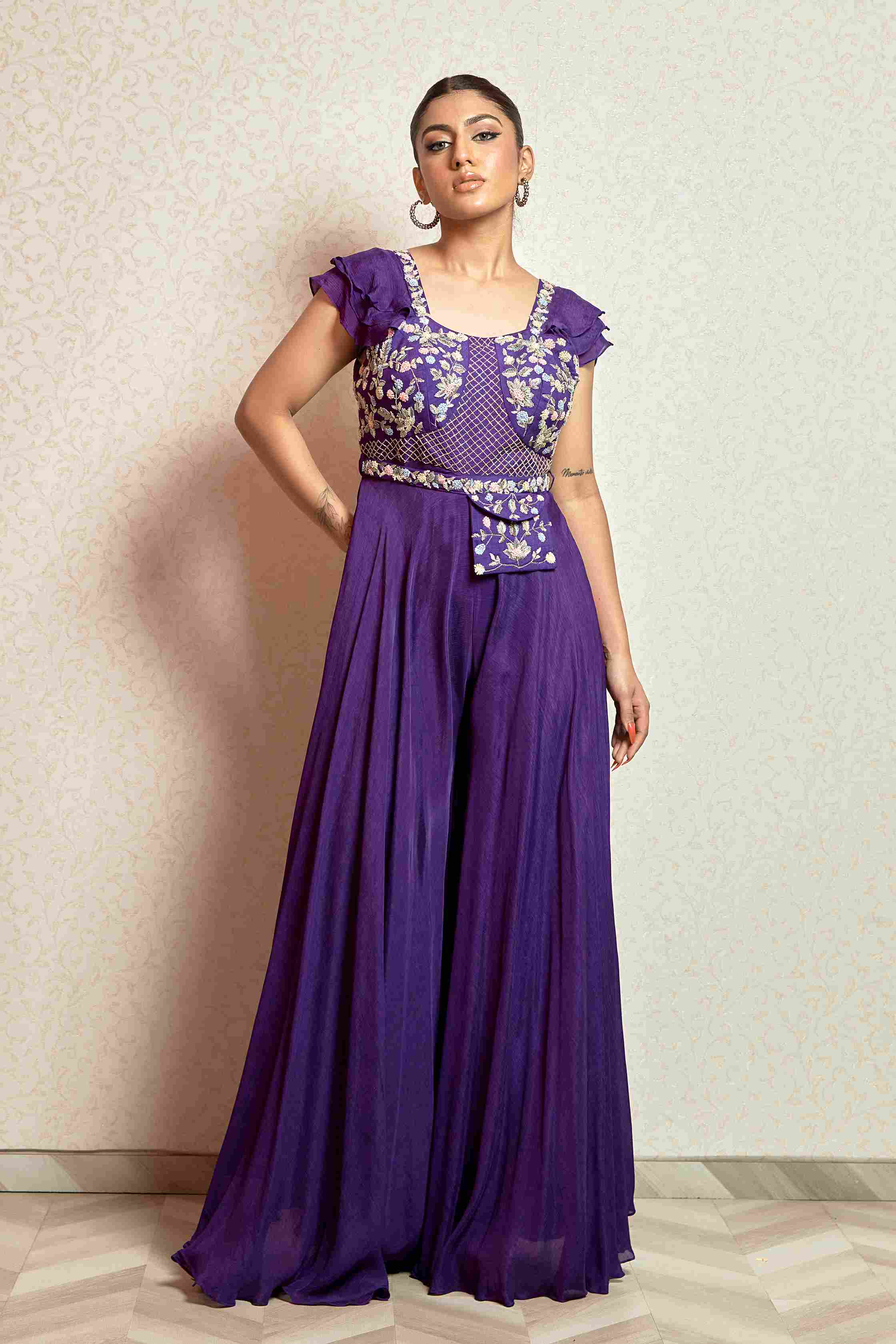 Purple Jump Suit in Chinnon with Pocket