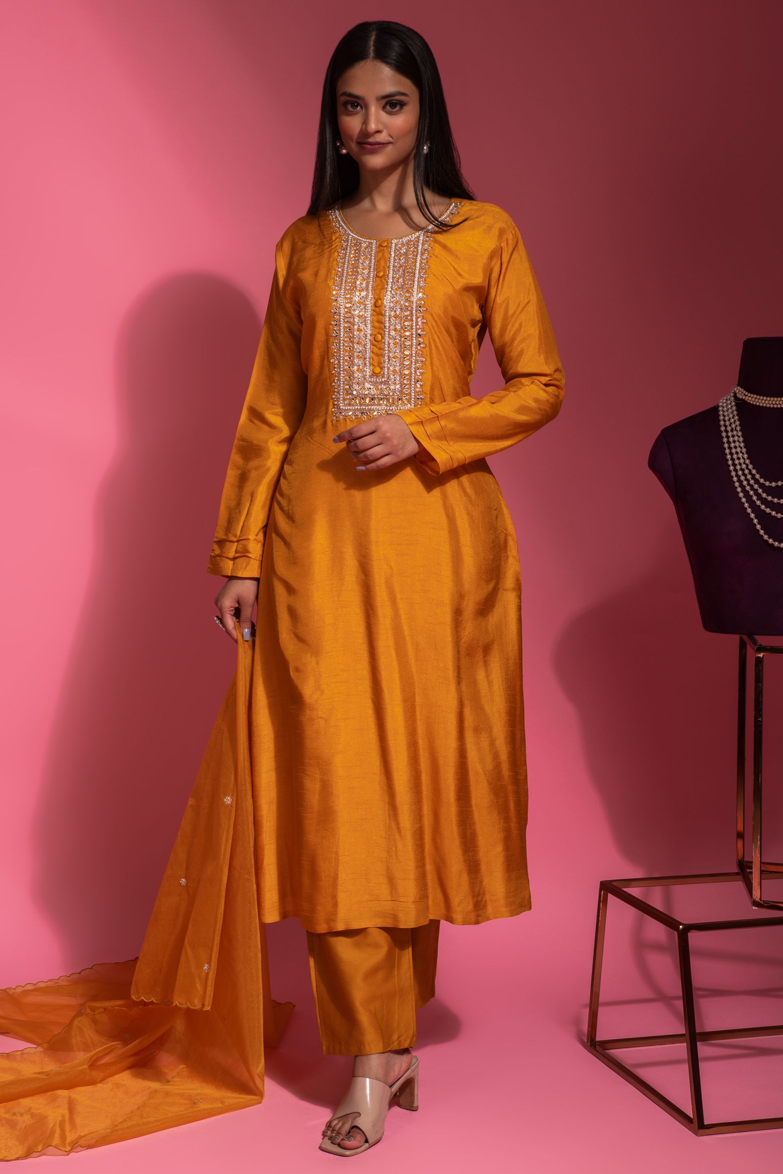 Mustard Yellow Kurti & Pant Set in Dola Silk