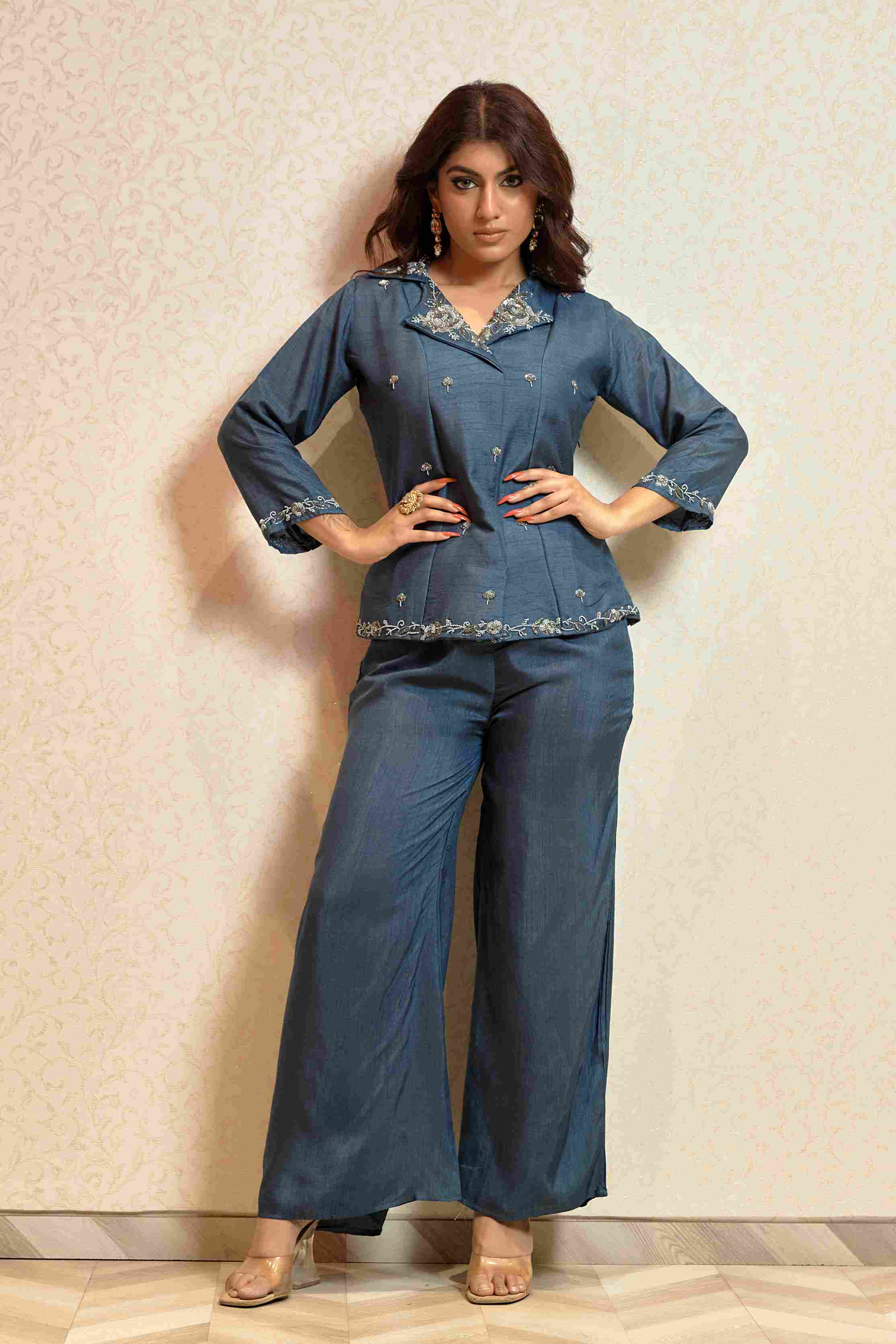Dark Blue Palazzo Pant with Top in Raw Silk