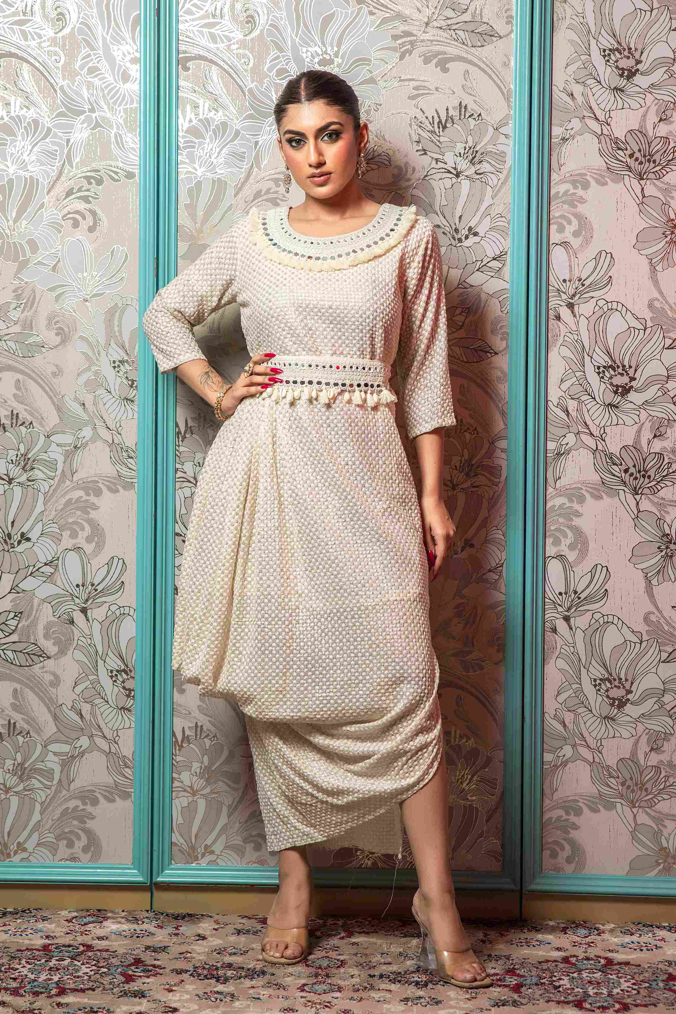 Cream Dress in Lucknowi with pretty Belt