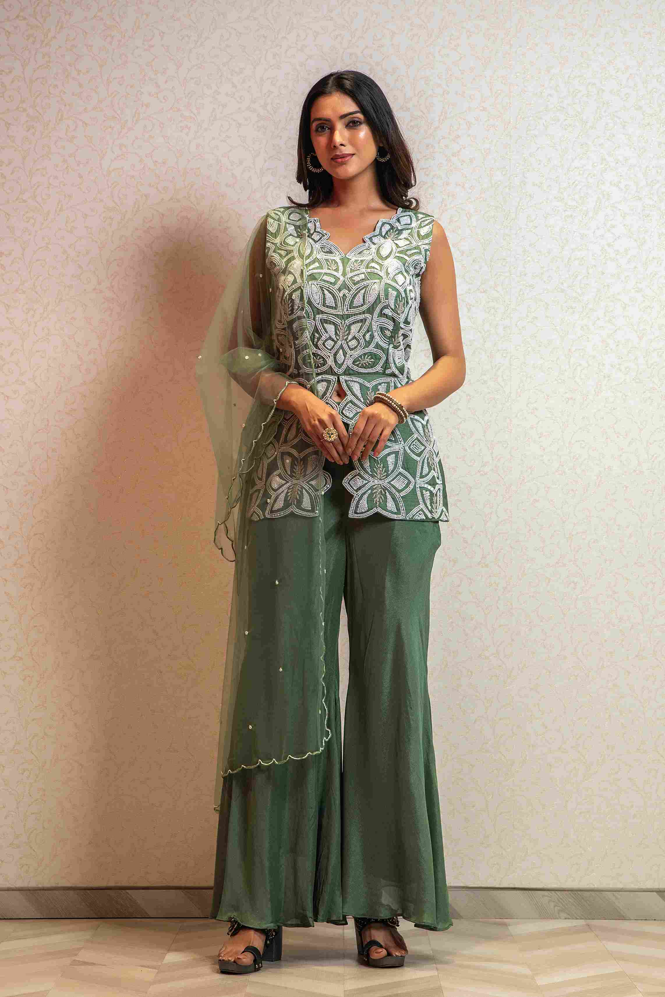 Pista Green Pant and Top with Dupatta in Dola Silk