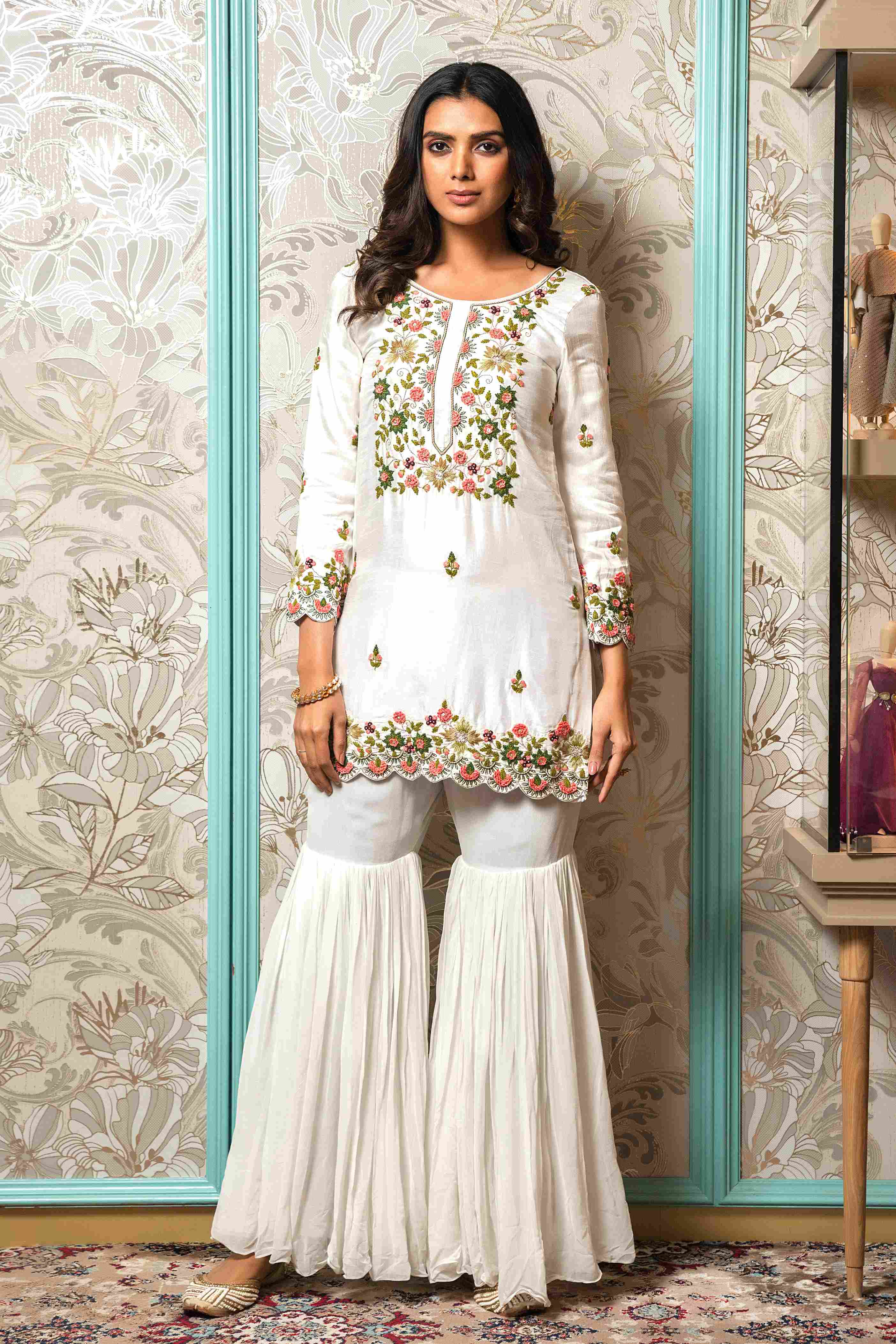 Raw Silk Kurti & Palazzo in White color
