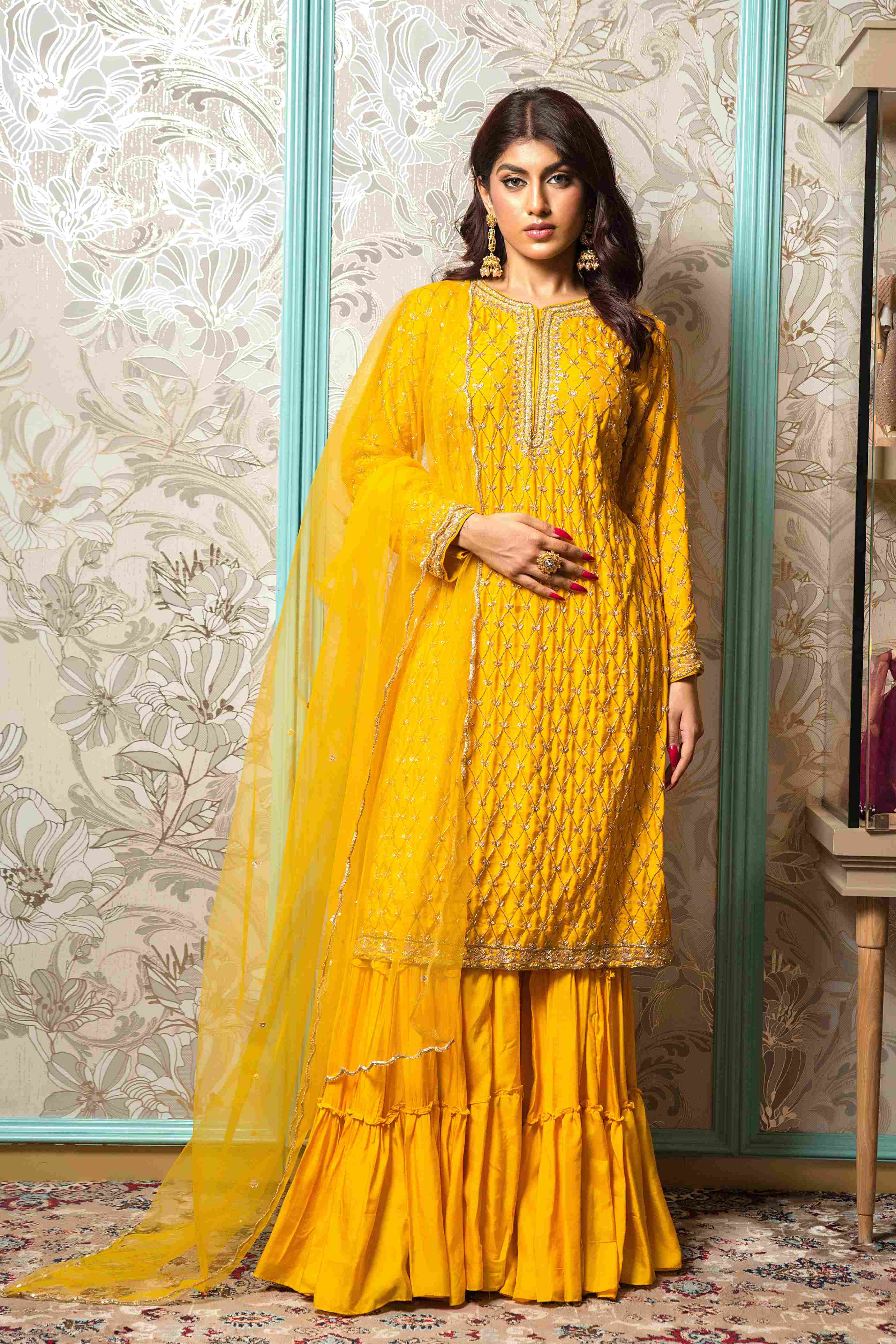Mustard Yellow Palazzo Set in Raw Silk