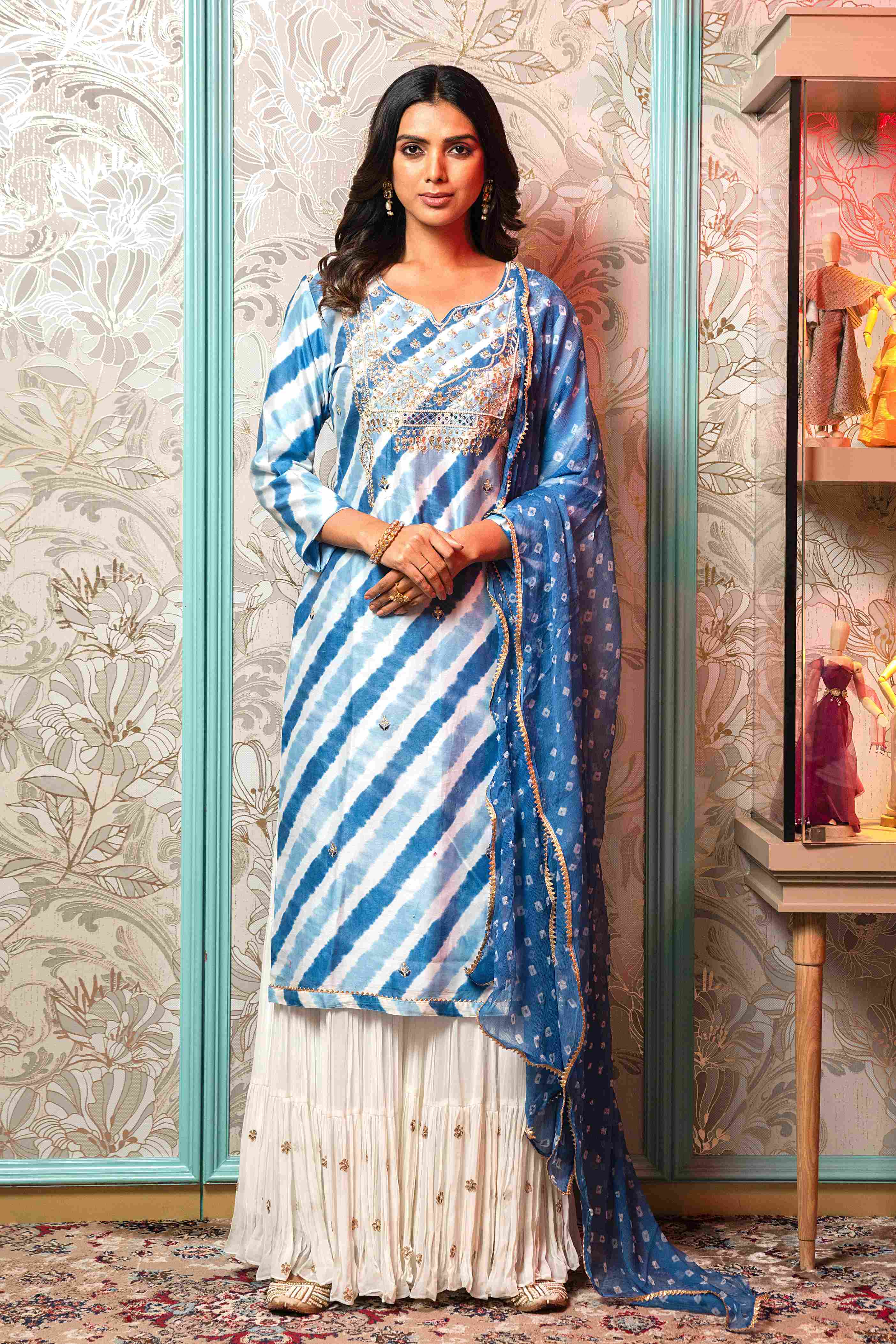 Leheriya style Kurti in Blue color with Bandhani Dupatta