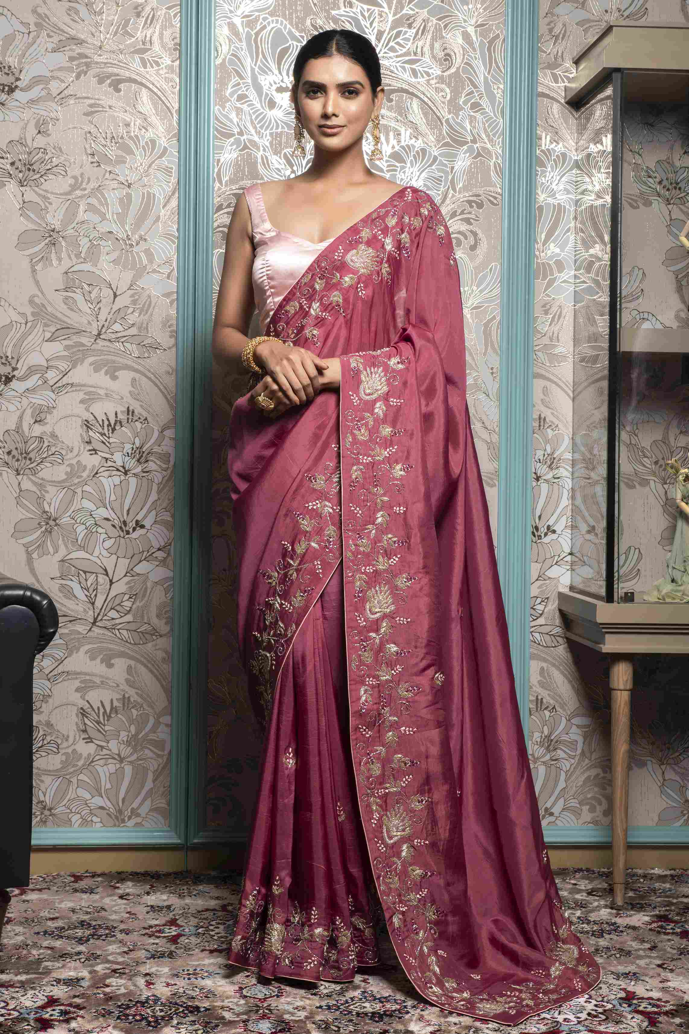 Heavy Puce Pink Saree in Dola Silk