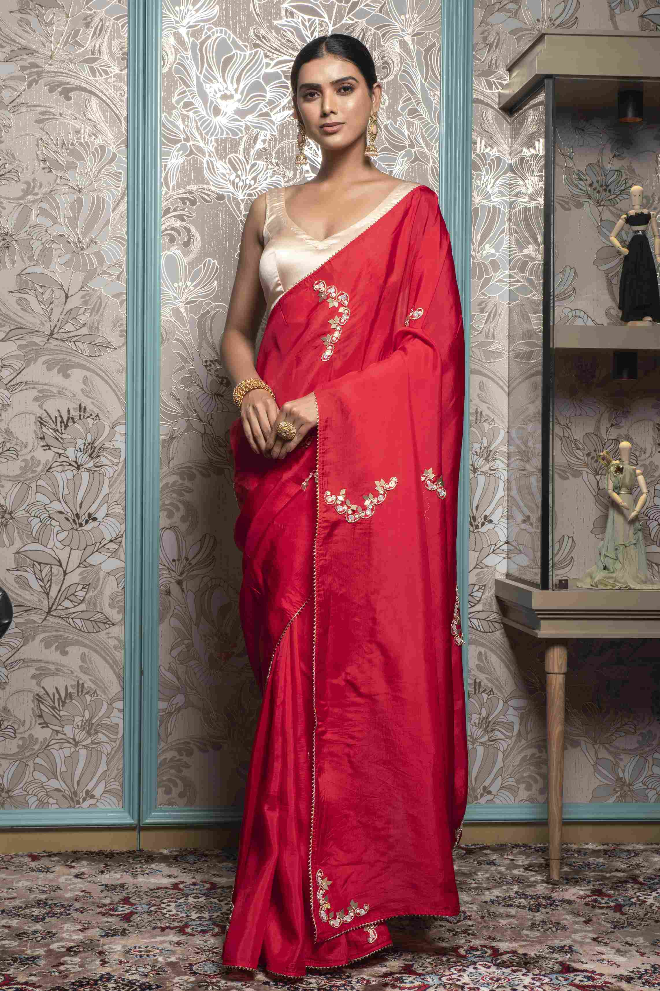 Cherry Red color Saree in Dola Silk