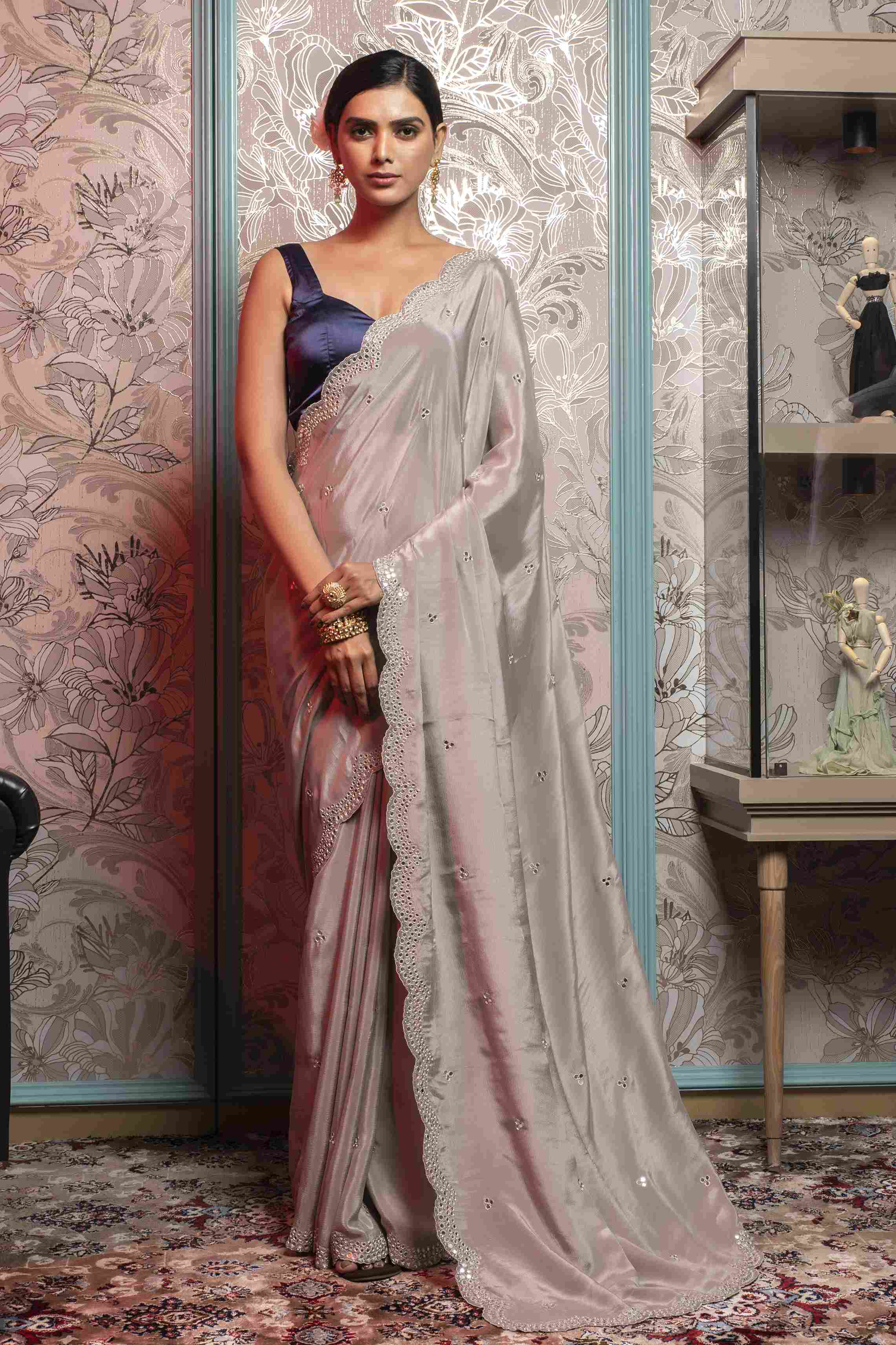 Grey color Saree in Chinon Chiffon