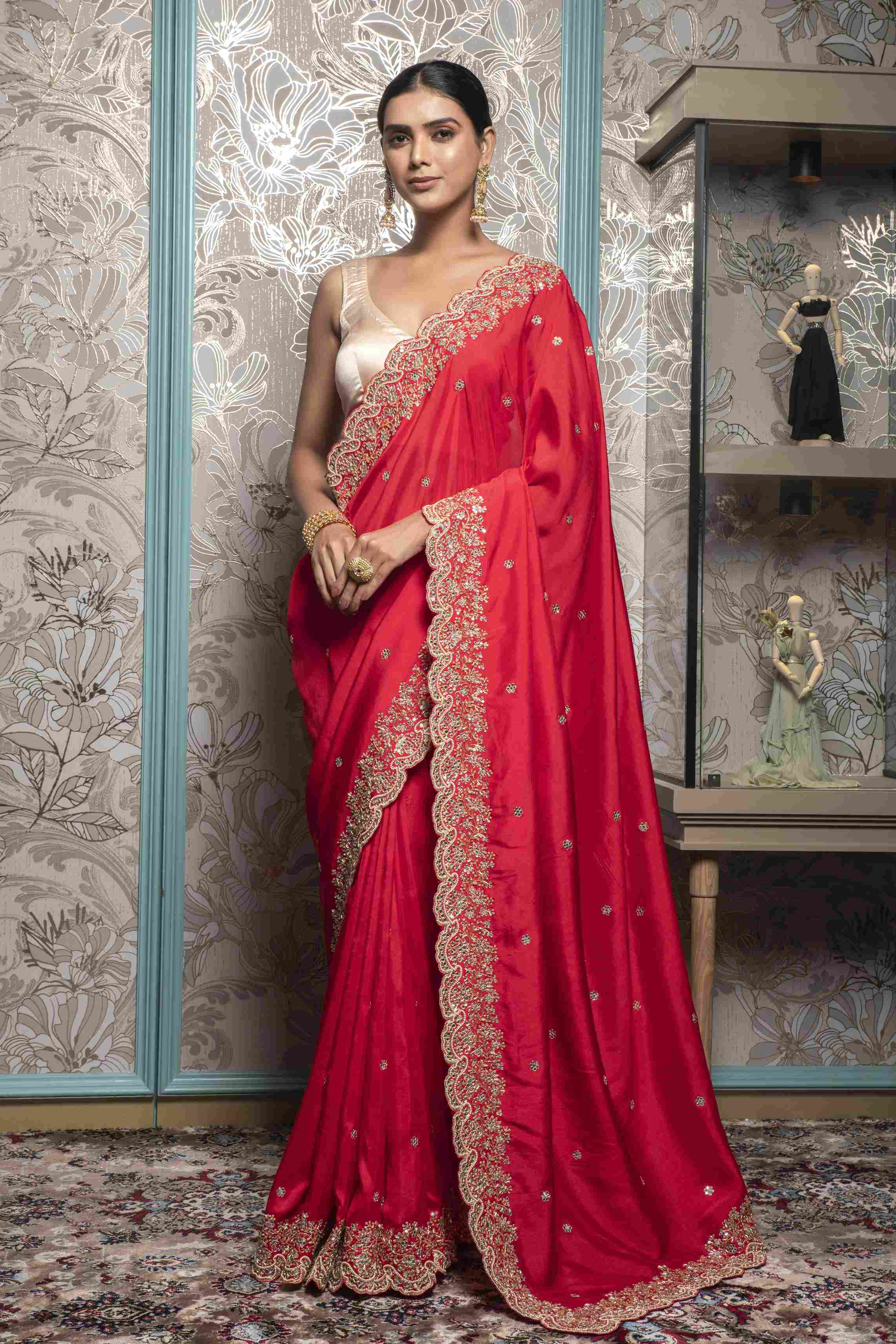 Cherry Red color Saree in Dola Silk
