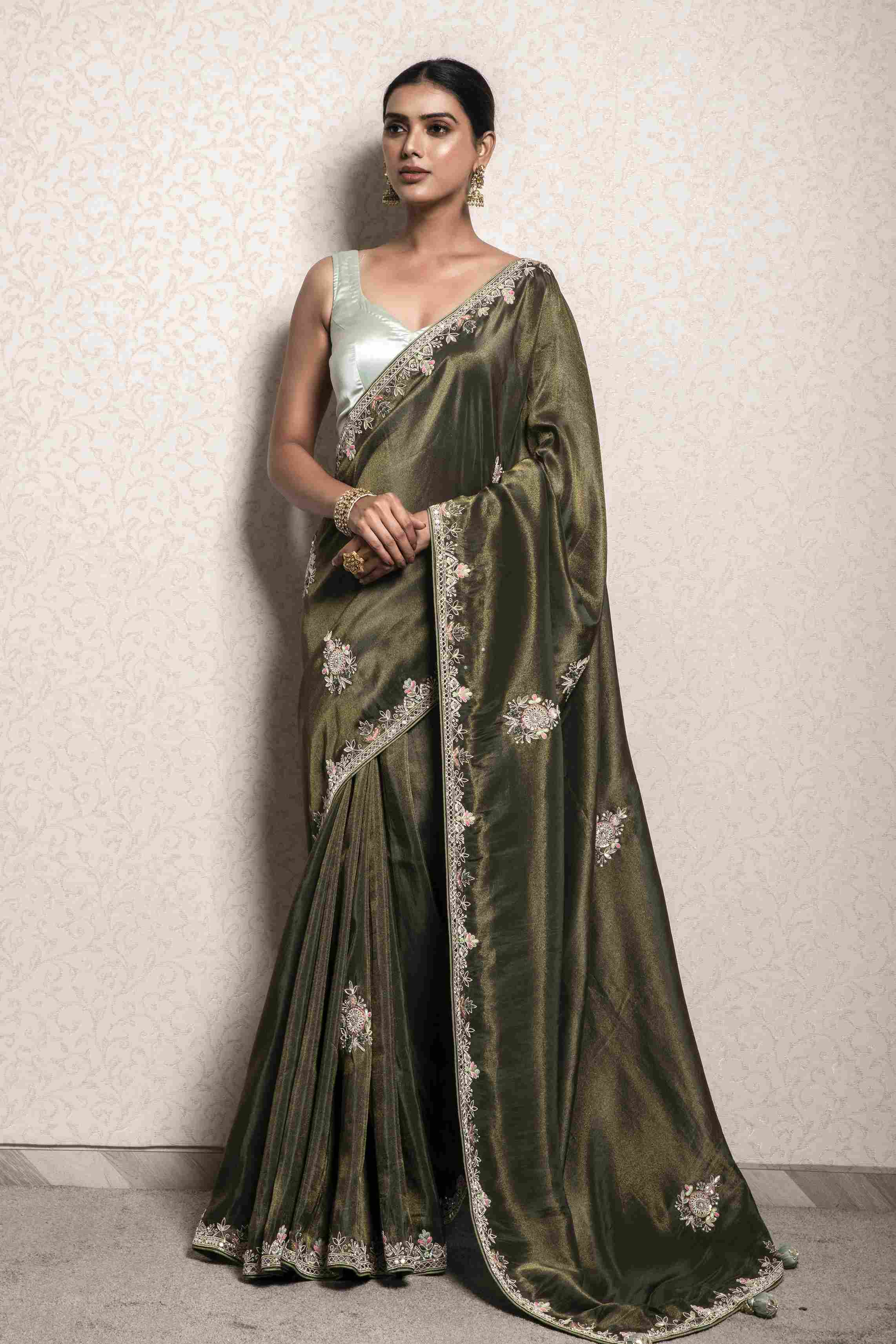 Mehendi Green Saree in Dola Silk