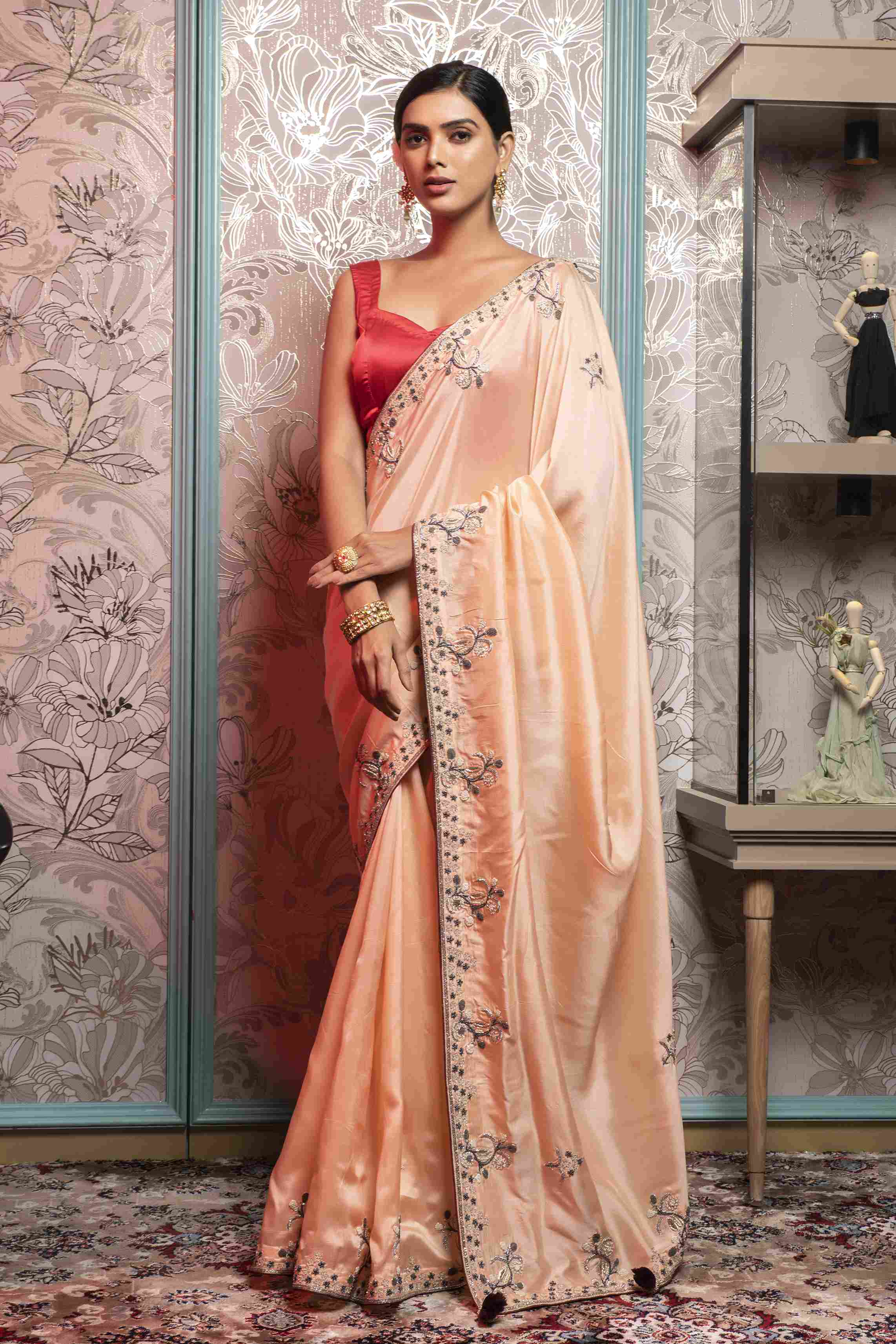 Light Peach color Saree in Dola Silk