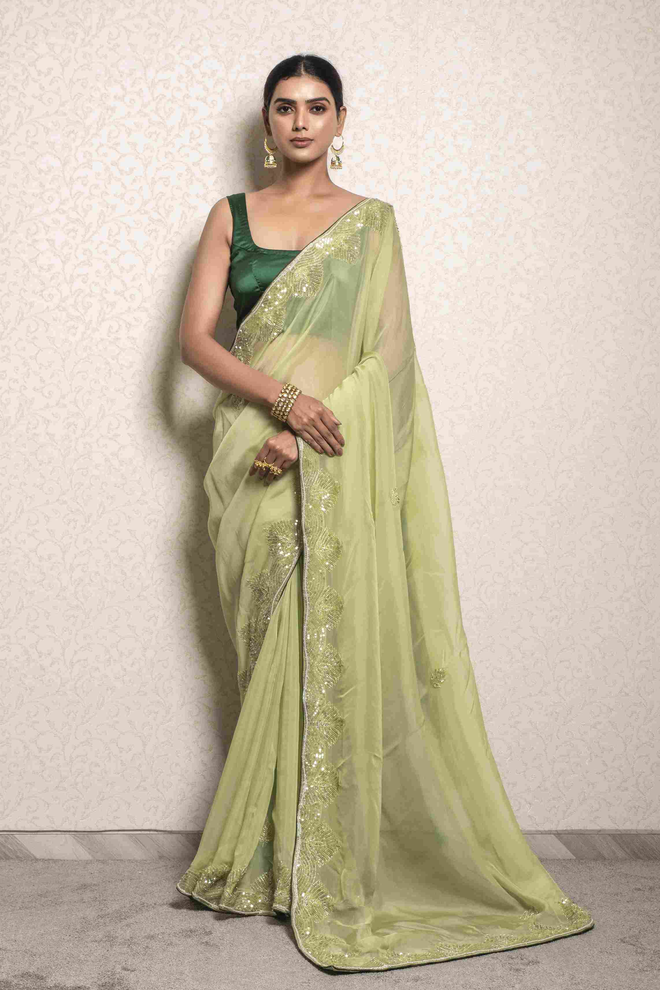 Pista Green Saree in Soft Organza