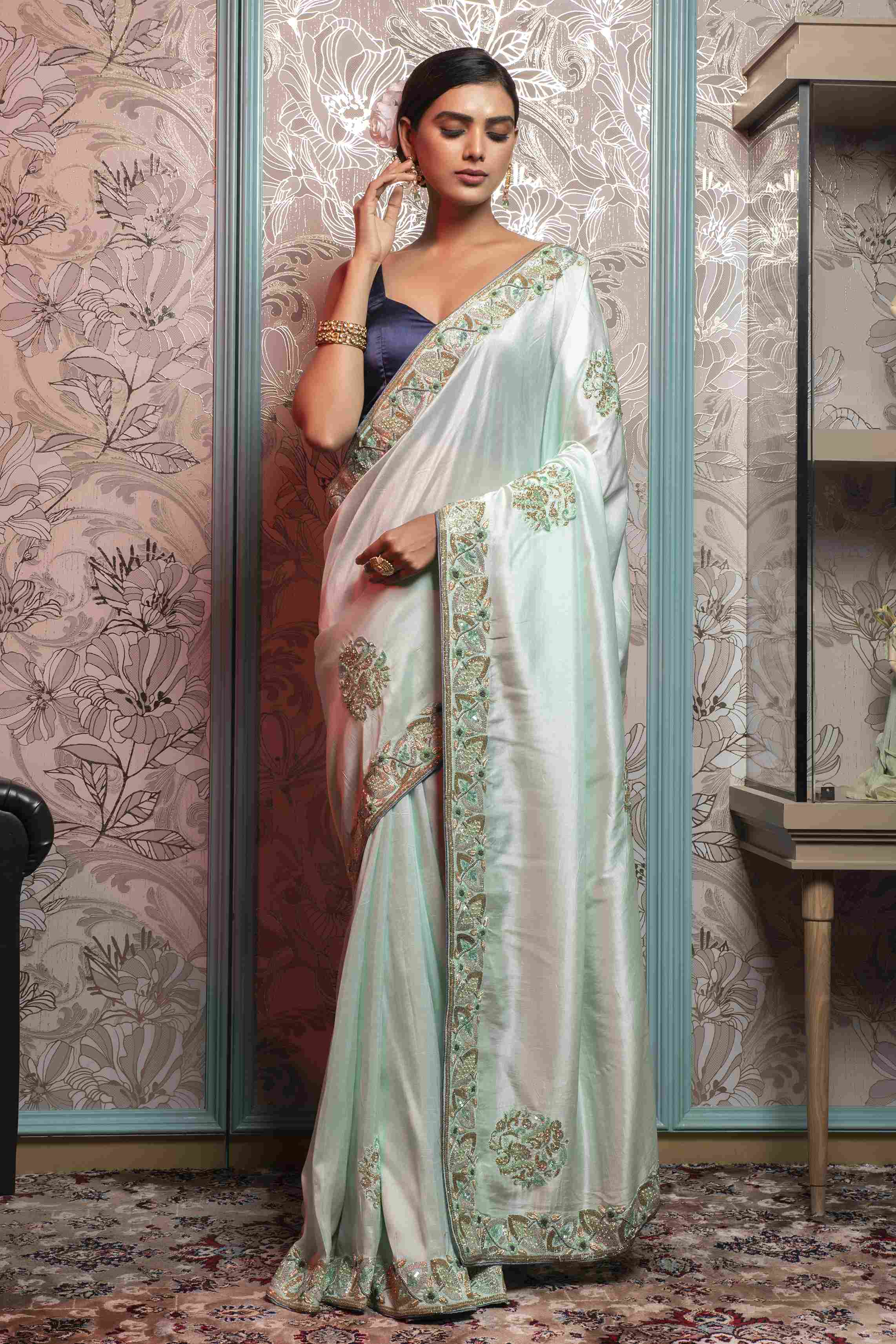Mint Blue color Saree in Dola Silk