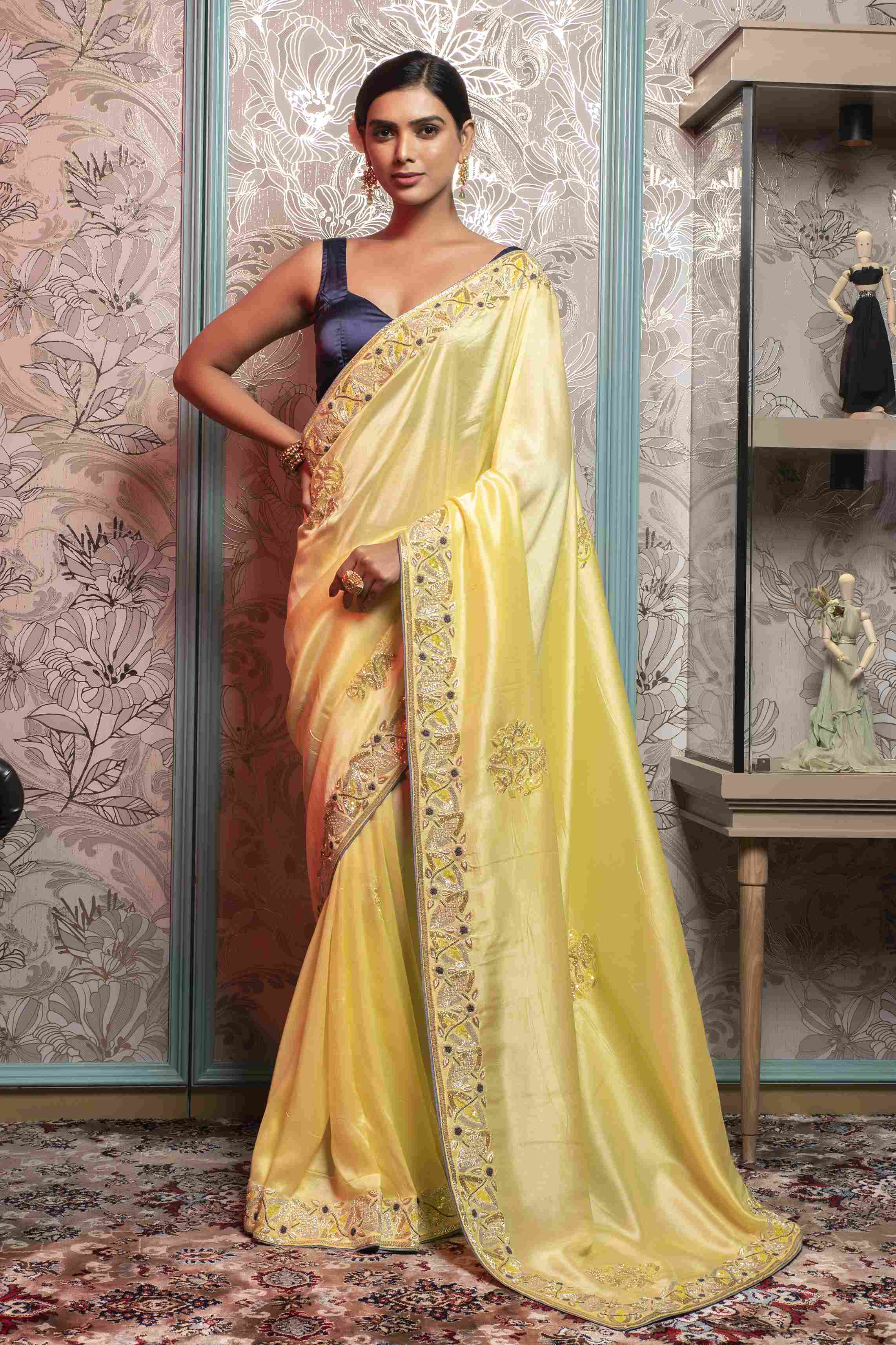 Lemon Yellow Saree in Dola Silk