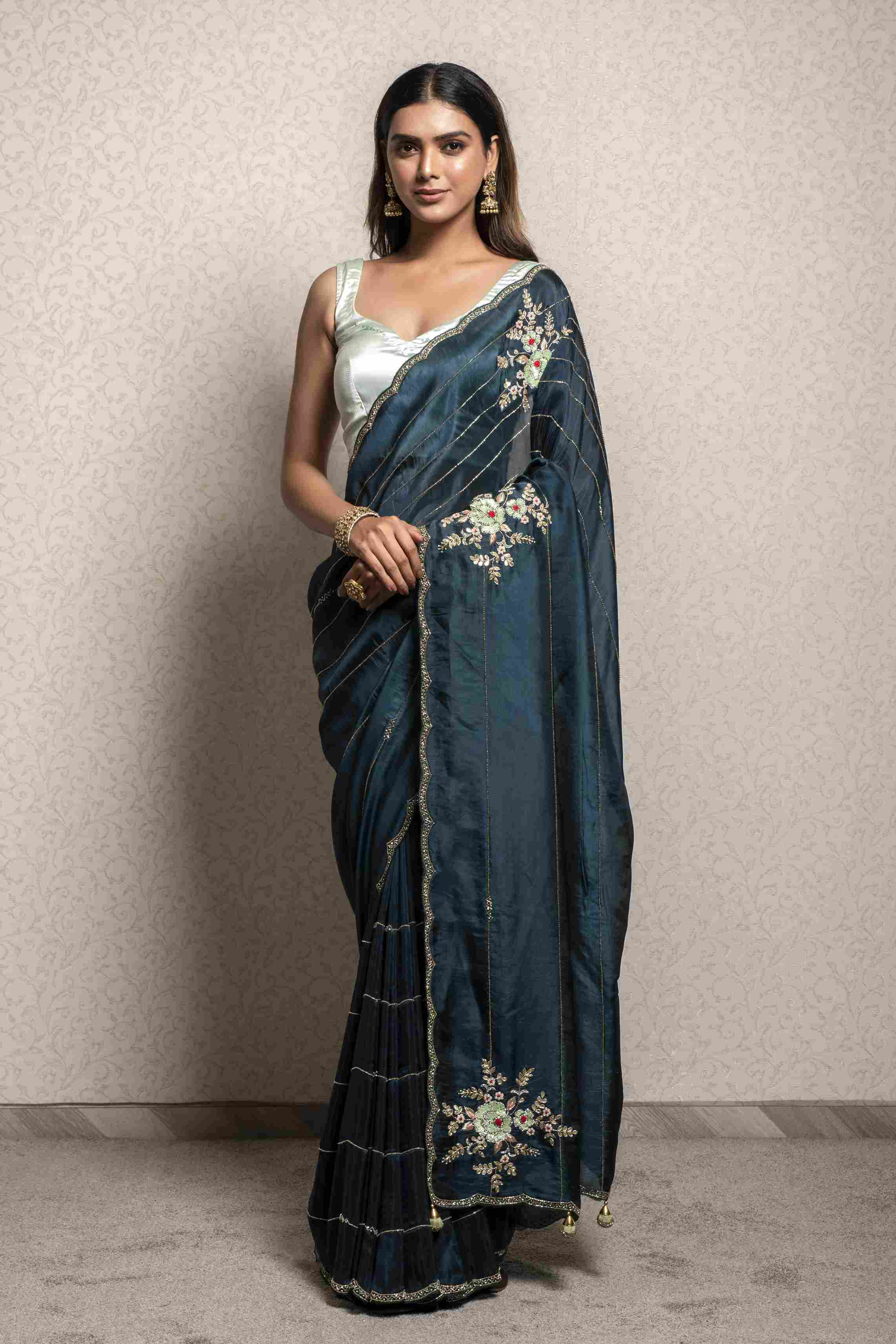 Peacock Blue Saree in Dola Silk